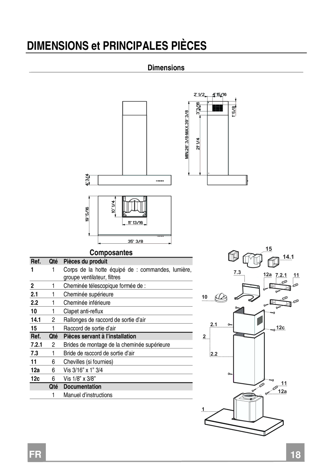 Franke Consumer Products FDF 364 W installation instructions Dimensions et Principales Pièces, Dimensions Composantes 