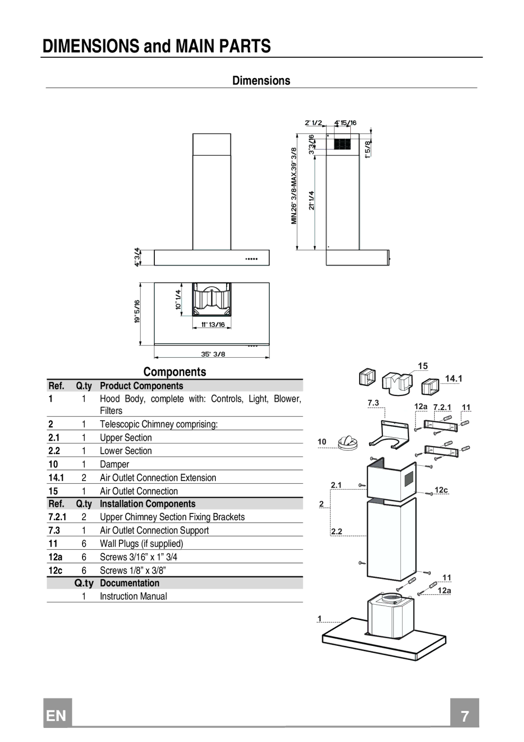 Franke Consumer Products FDF 364 W installation instructions Dimensions and Main Parts, Dimensions Components 