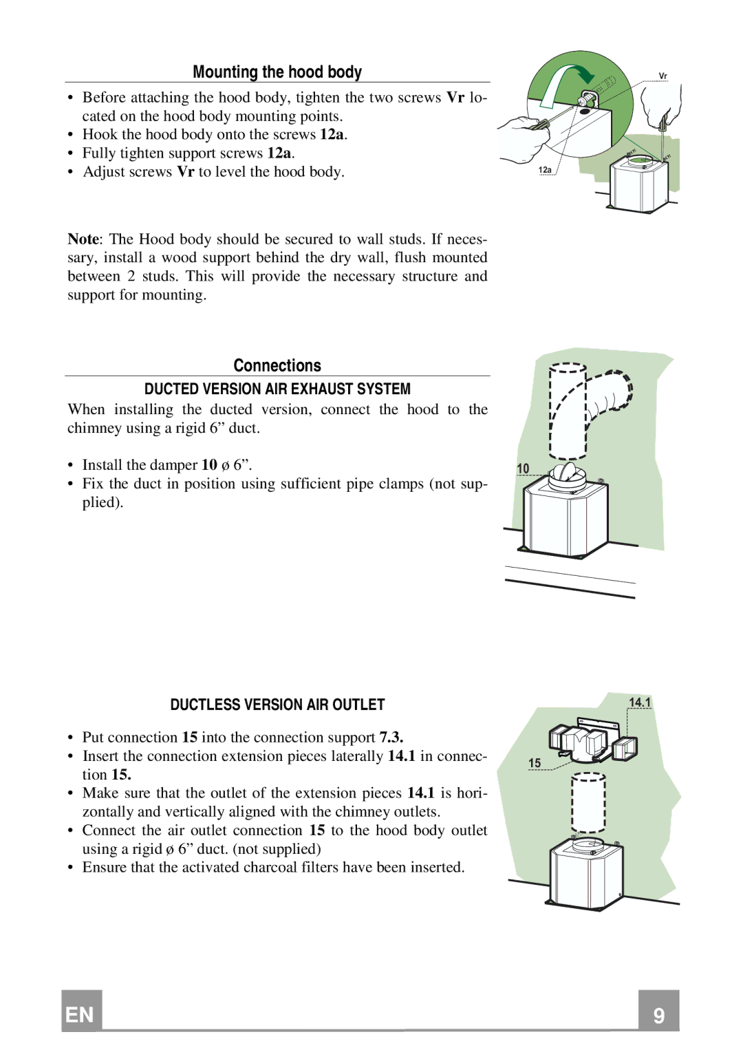 Franke Consumer Products FDF 364 W Mounting the hood body, Connections, Ducted Version AIR Exhaust System 