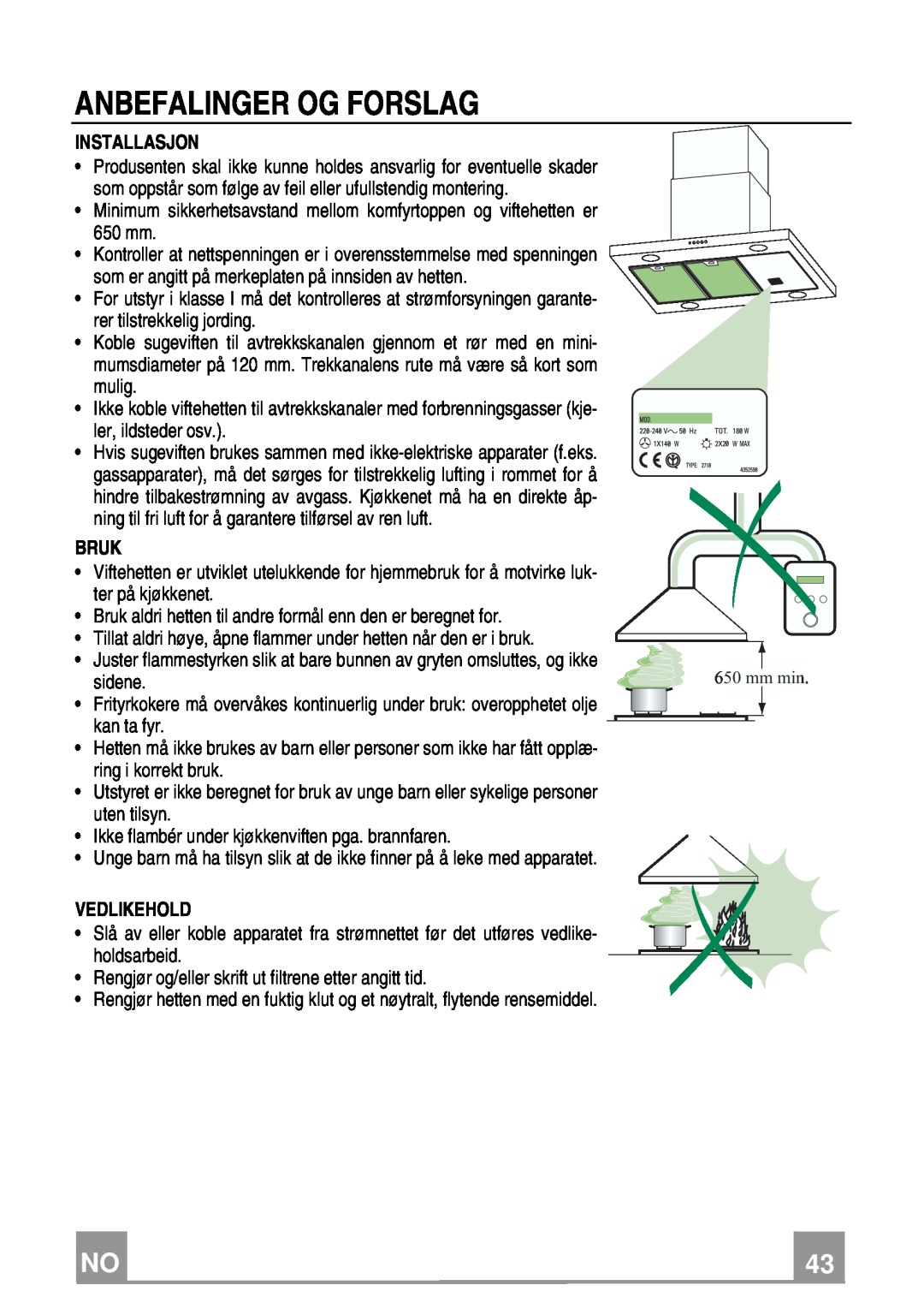 Franke Consumer Products FDF 9044 I XS ECS manual Anbefalinger Og Forslag, Installasjon, Bruk, Vedlikehold 