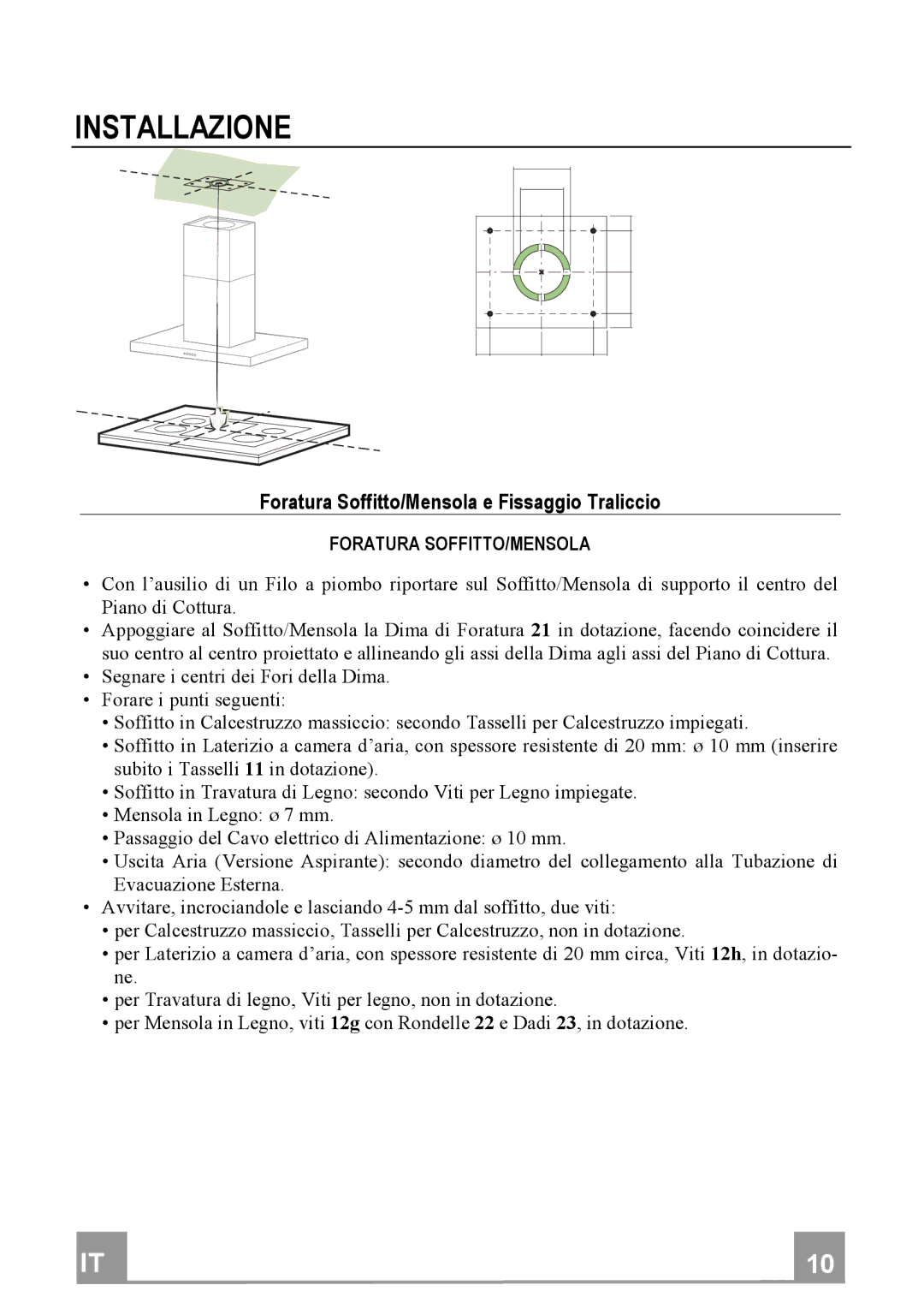 Franke Consumer Products FDF 9044 I Installazione, ForaturaSoffitto/MensolaeFissaggioTraliccio, Foraturasoffitto/Mensola 