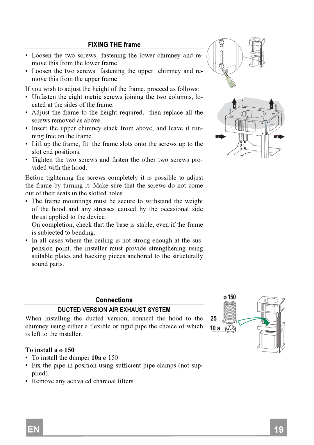 Franke Consumer Products FDF 9044 I manual FIXINGTHEframe, Connections, Ductedversionairexhaustsystem 