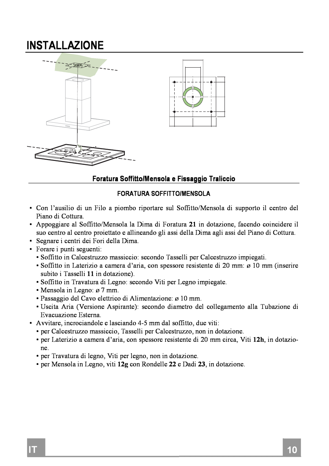 Franke Consumer Products FDF 9044 I manual Installazione, ForaturaSoffitto/MensolaeFissaggioTraliccio 