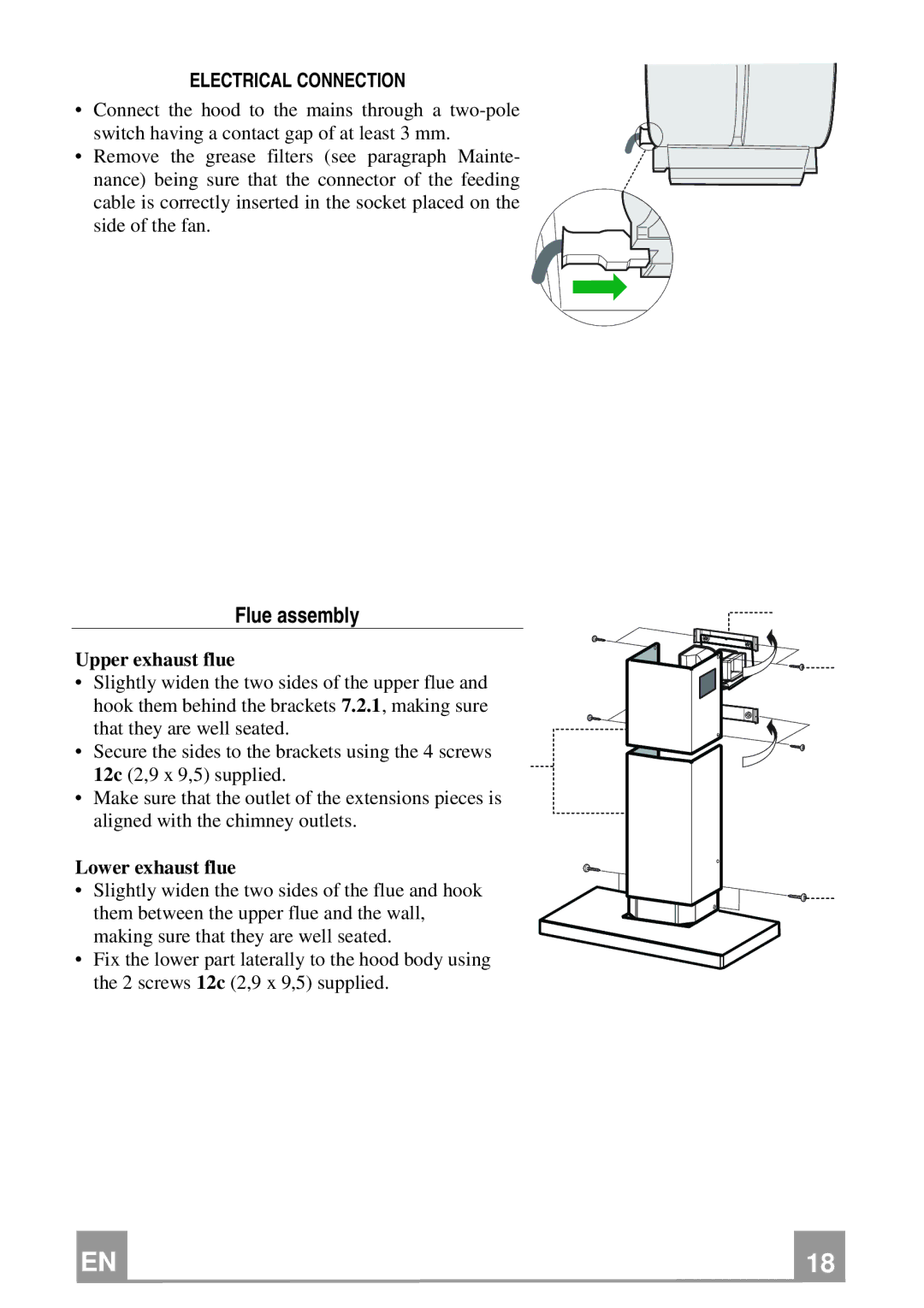 Franke Consumer Products FDF 9046, FDF 6046 Flue assembly, Electrical Connection, Upper exhaust flue, Lower exhaust flue 