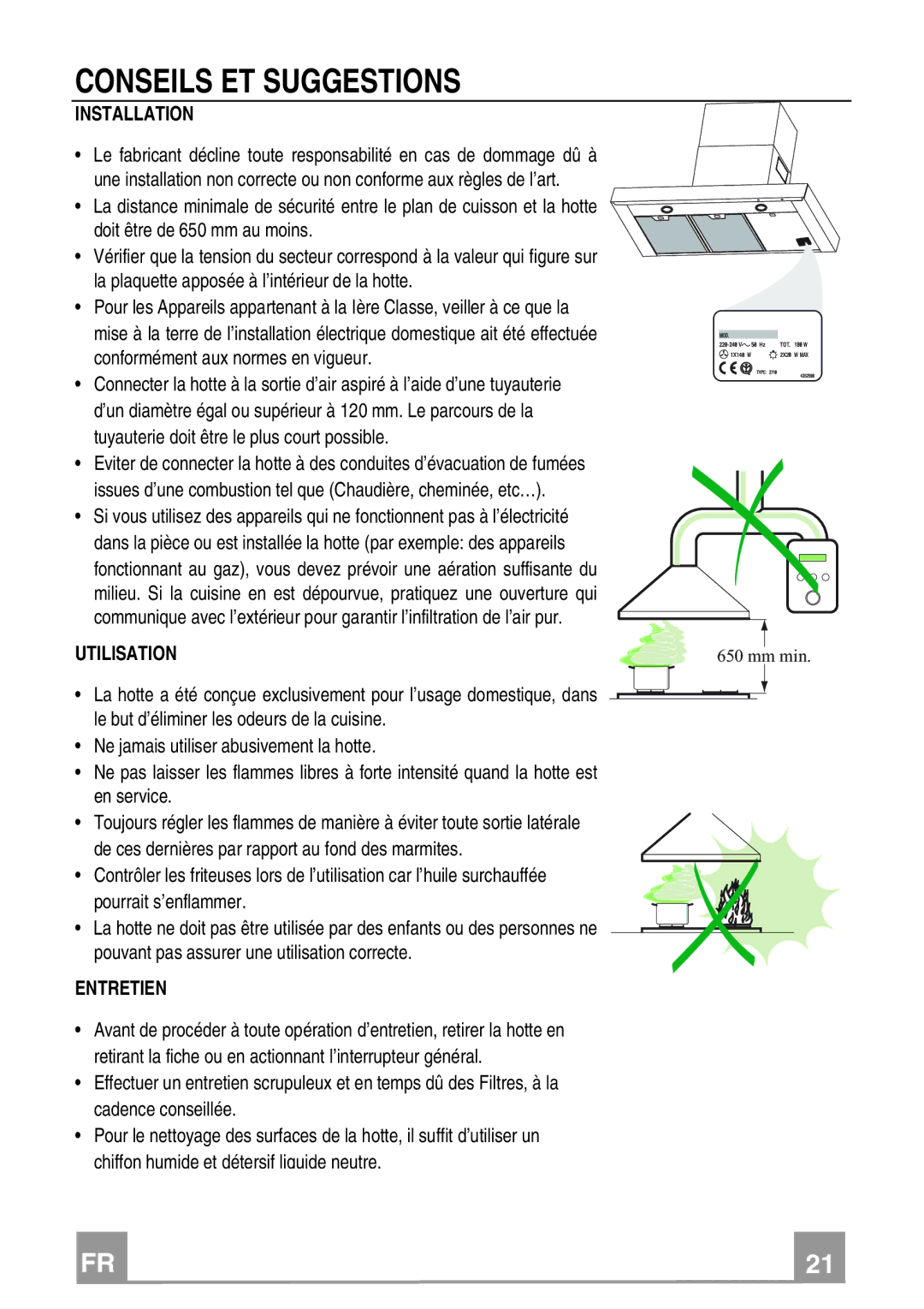 Franke Consumer Products FDF 6046, FDF 9046 manual Conseils ET Suggestions, Utilisation, Entretien 