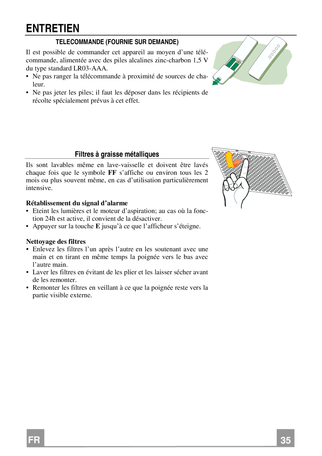 Franke Consumer Products FDF 9174 I manual Entretien, Filtres à graisse métalliques, Telecommande Fournie SUR Demande 