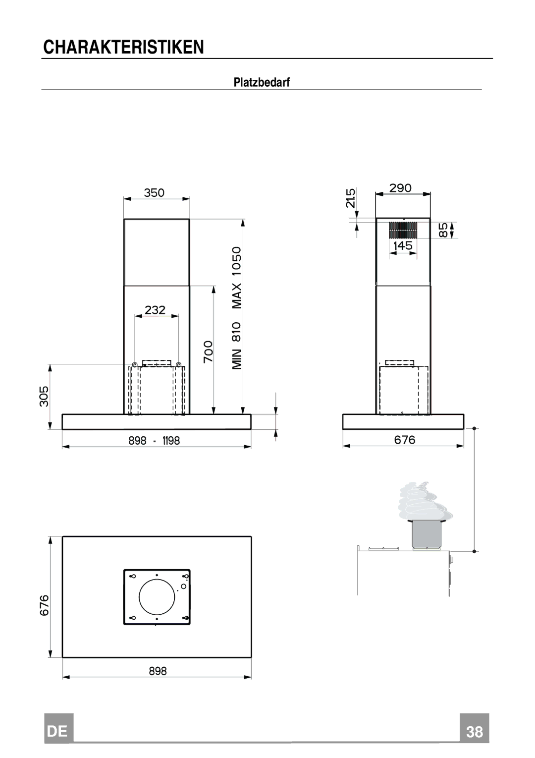 Franke Consumer Products FDF 9174 I manual Charakteristiken, Platzbedarf 