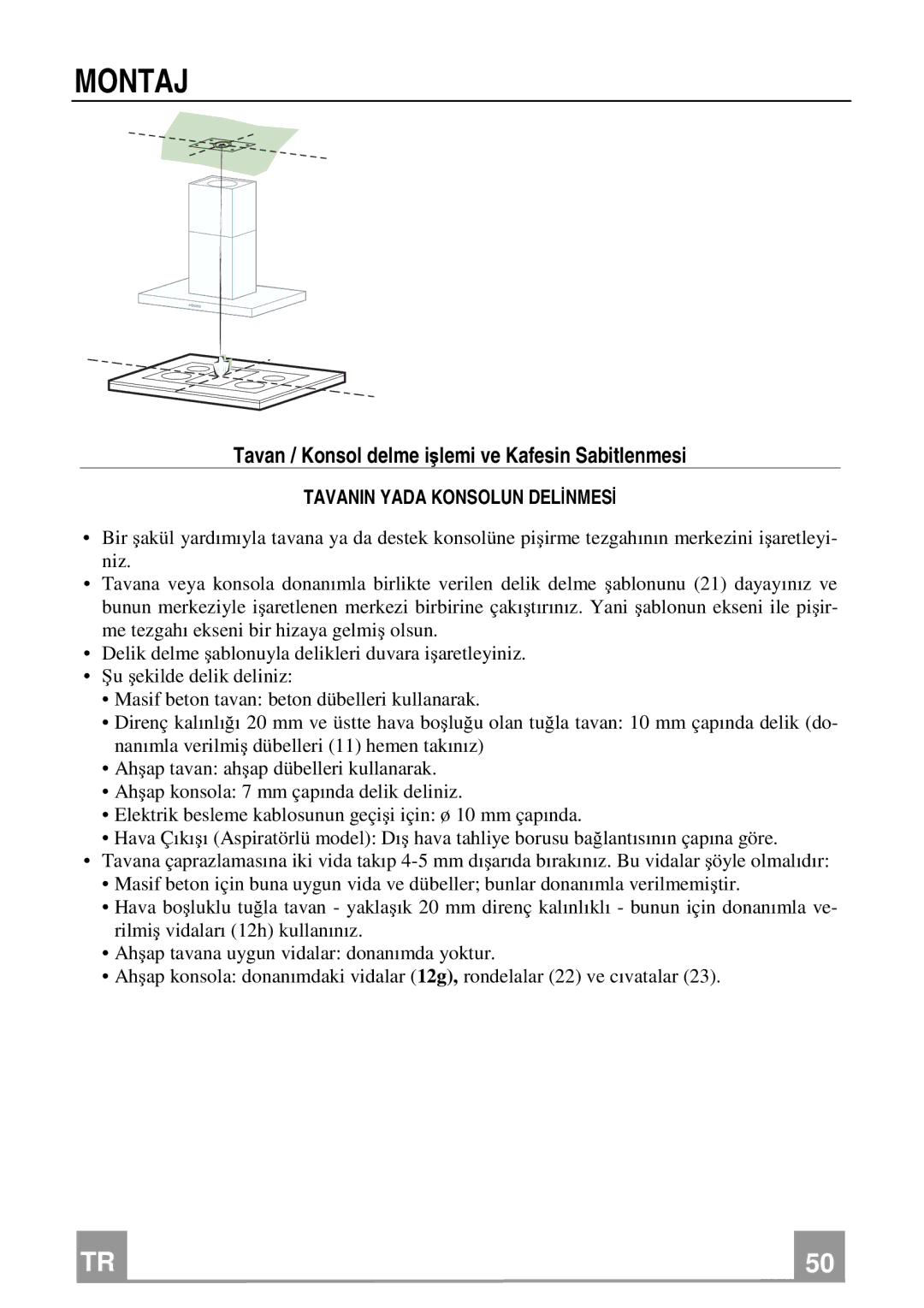 Franke Consumer Products FDF 9174 I manual Montaj, Tavan / Konsol delme işlemi ve Kafesin Sabitlenmesi 