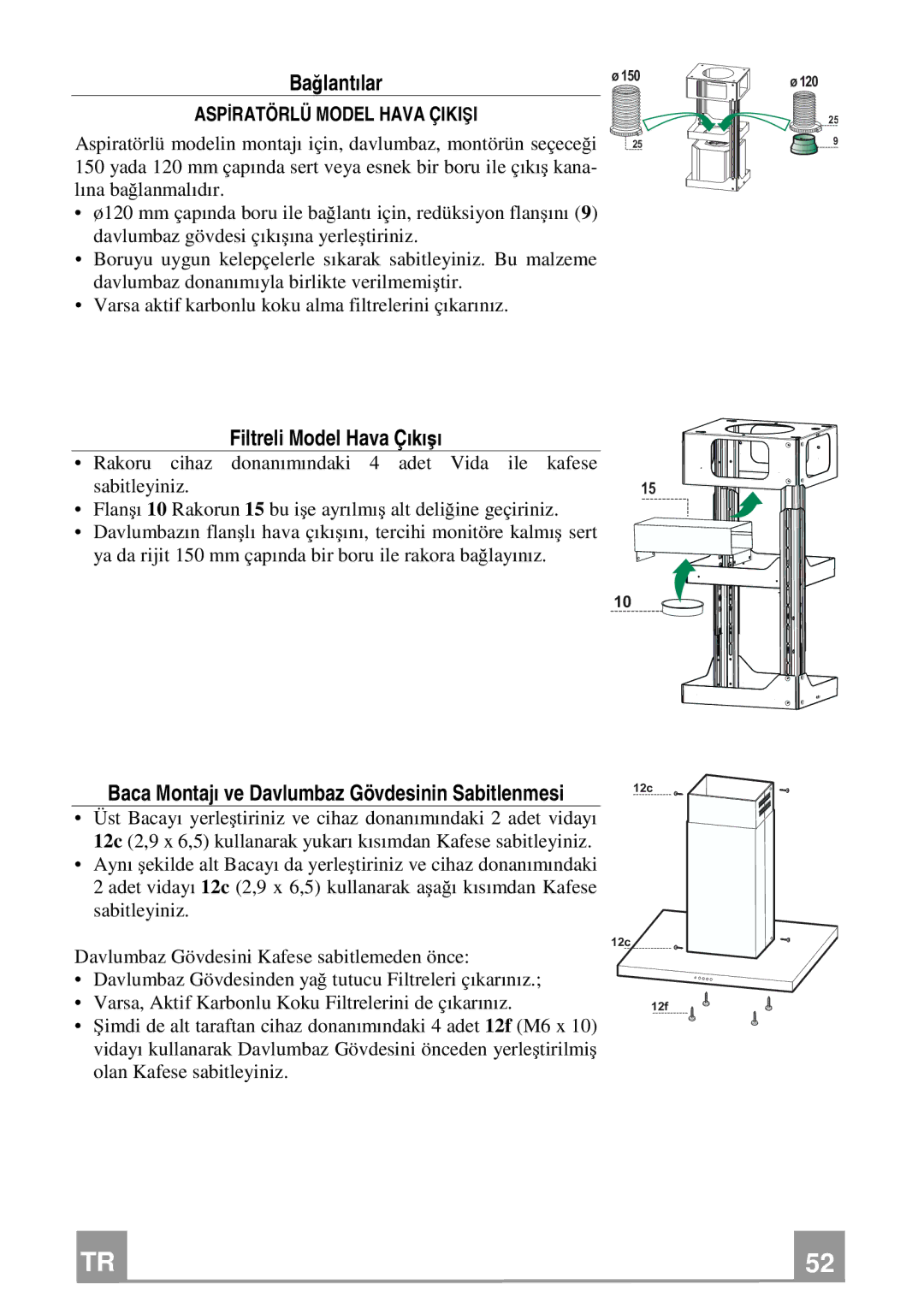 Franke Consumer Products FDF 9174 I manual Bağlantılar, Filtreli Model Hava Çıkışı, Aspİratörlü Model Hava Çikişi 