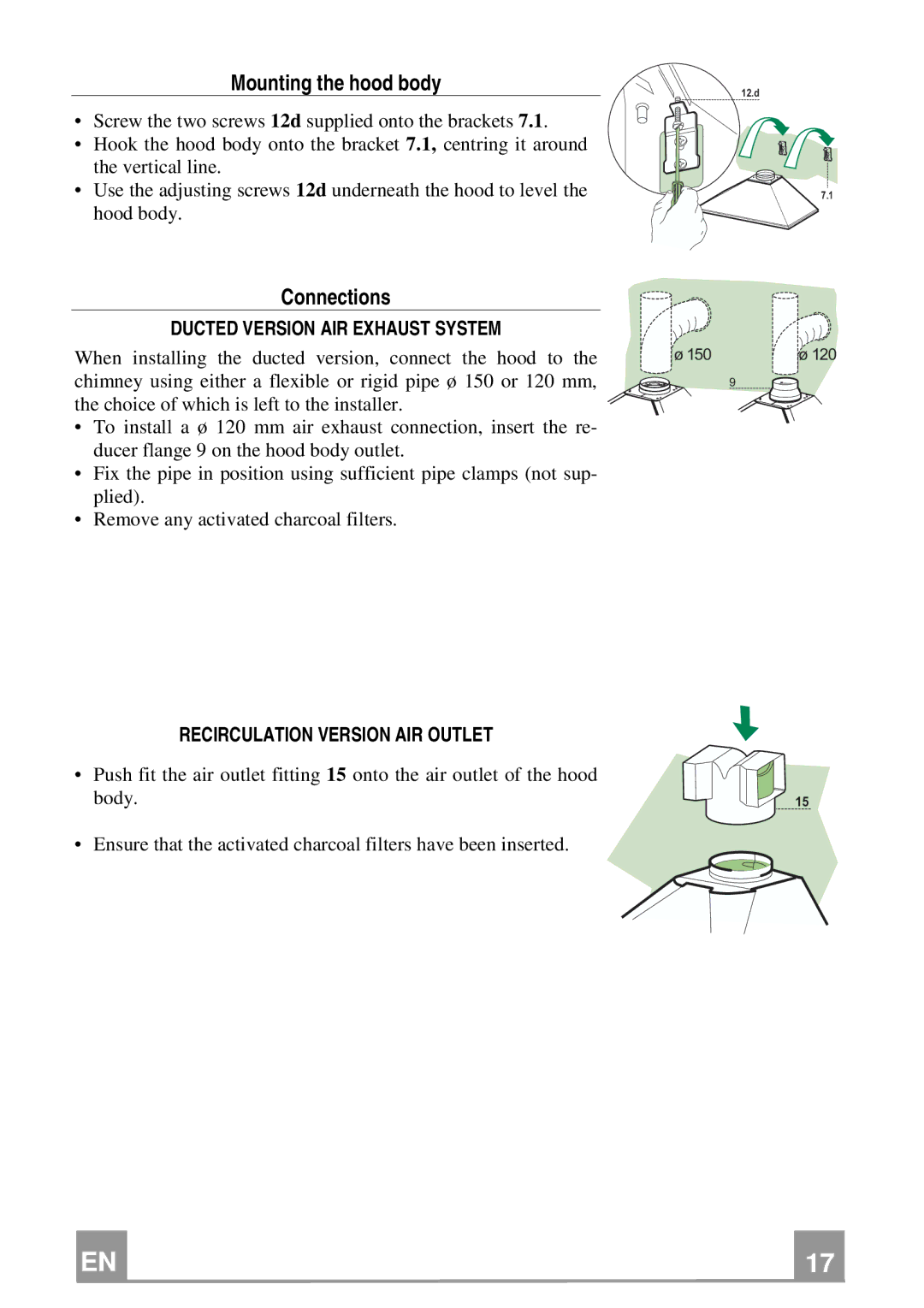 Franke Consumer Products FDL 654, FDL 954 manual Mounting the hood body, Connections, Ducted Version AIR Exhaust System 