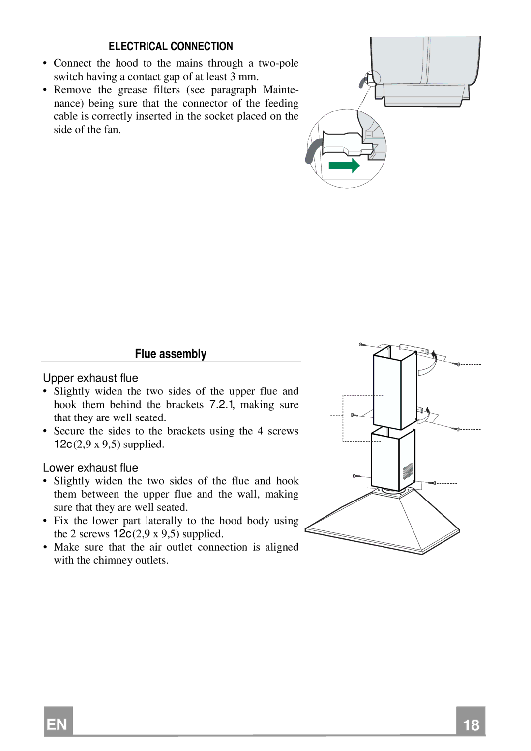 Franke Consumer Products FDL 954, FDL 654 Flue assembly, Electrical Connection, Upper exhaust flue, Lower exhaust flue 