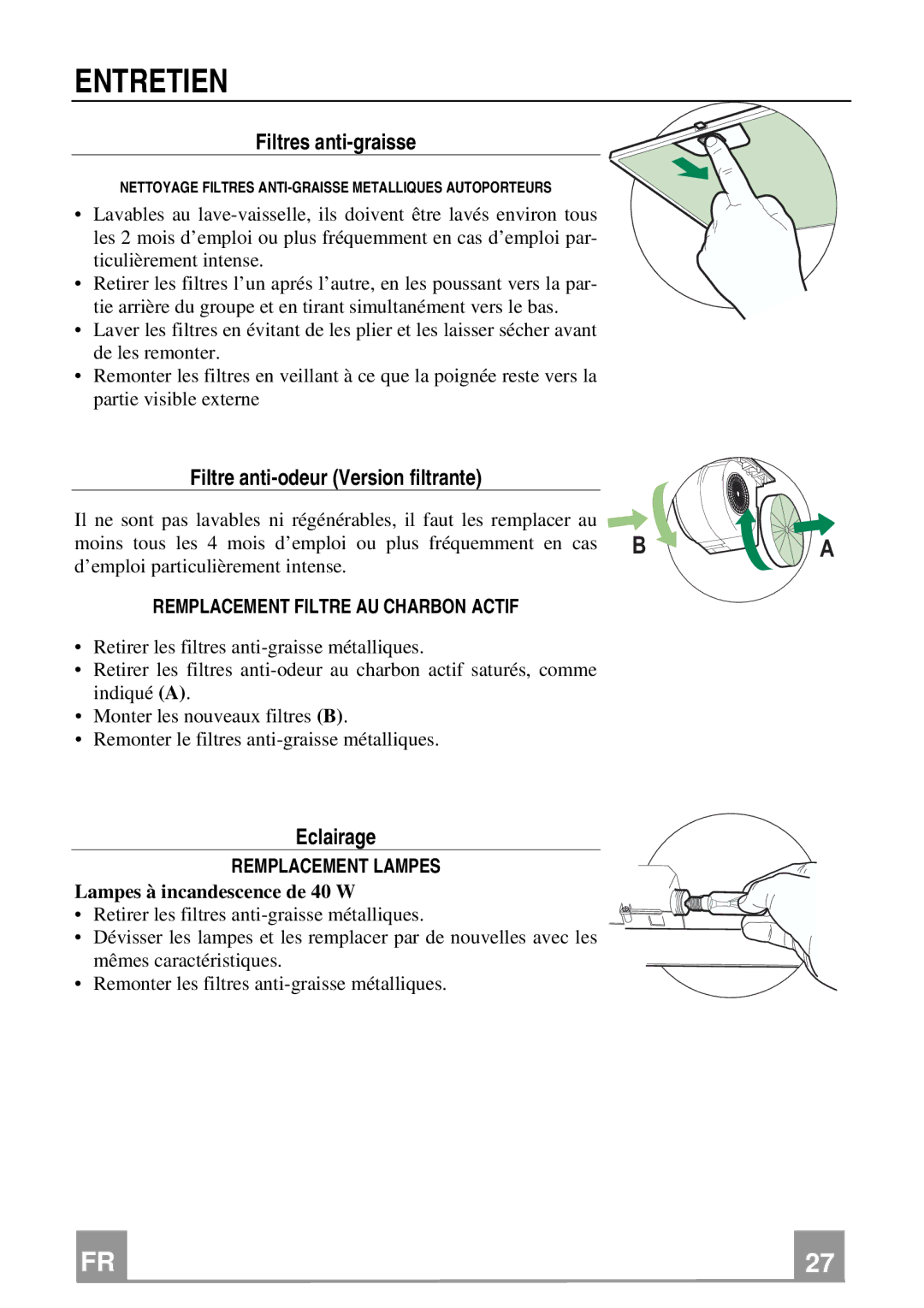 Franke Consumer Products FDL 654, FDL 954 Entretien, Filtres anti-graisse, Filtre anti-odeur Version filtrante, Eclairage 