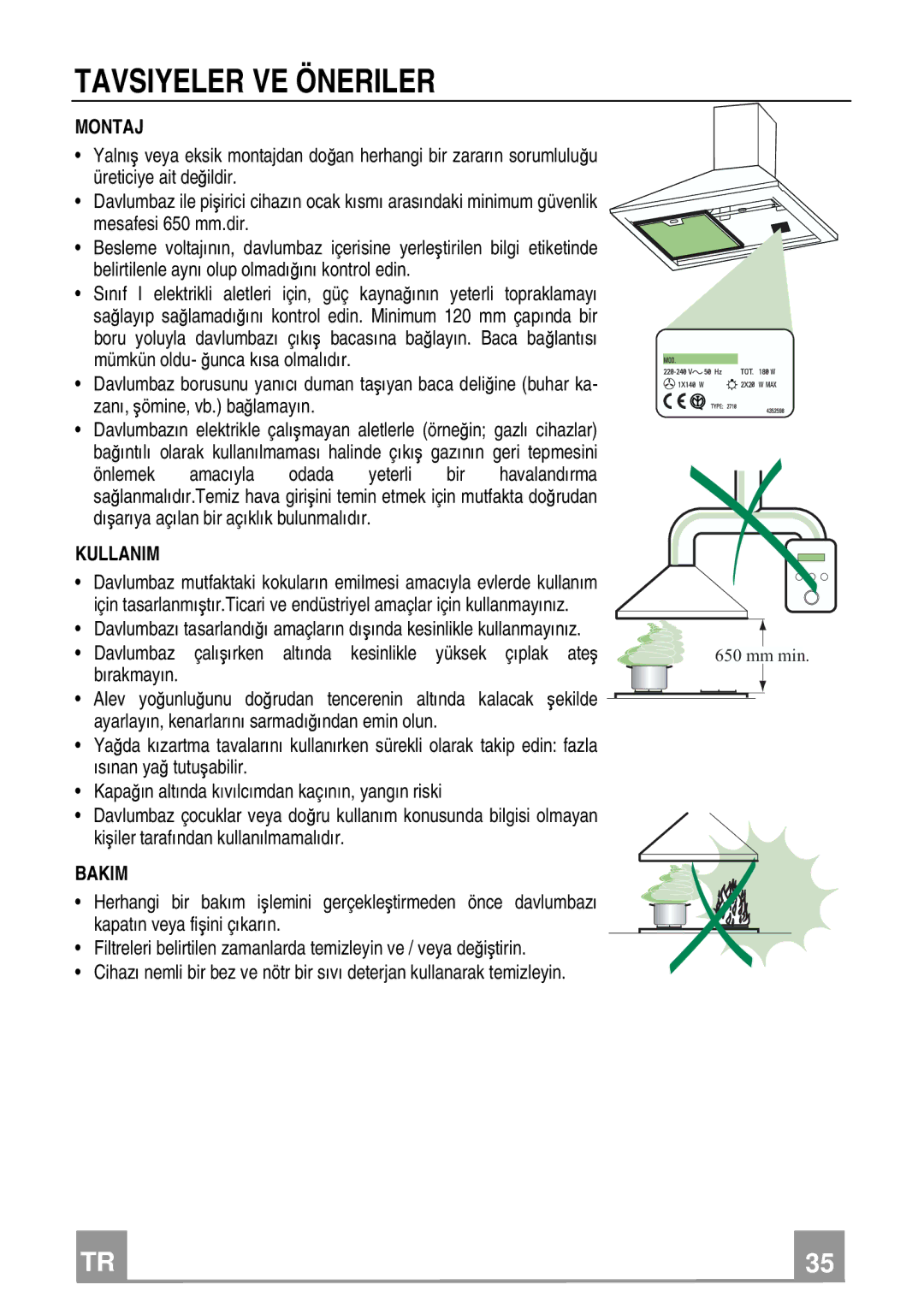 Franke Consumer Products FDL 654, FDL 954 manual Tavsiyeler VE Öneriler, Montaj, Kullanim, Bakim 