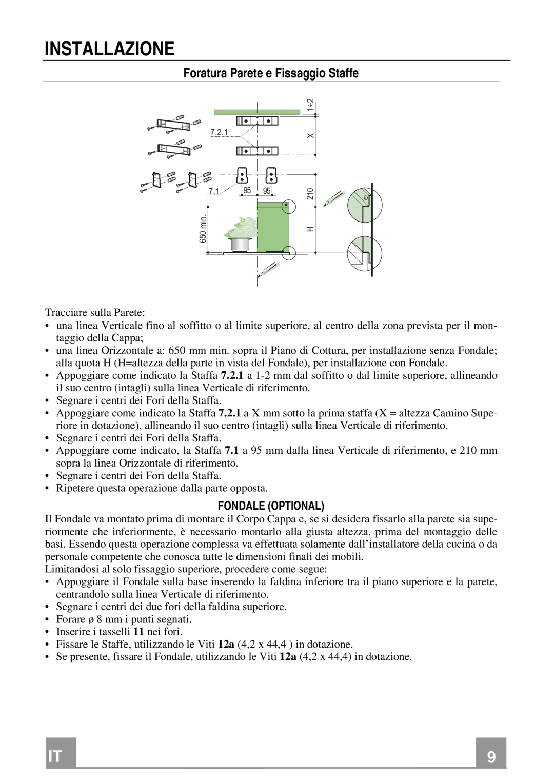 Franke Consumer Products FDL 654, FDL 954 manual Installazione, Foratura Parete e Fissaggio Staffe, Fondale Optional 