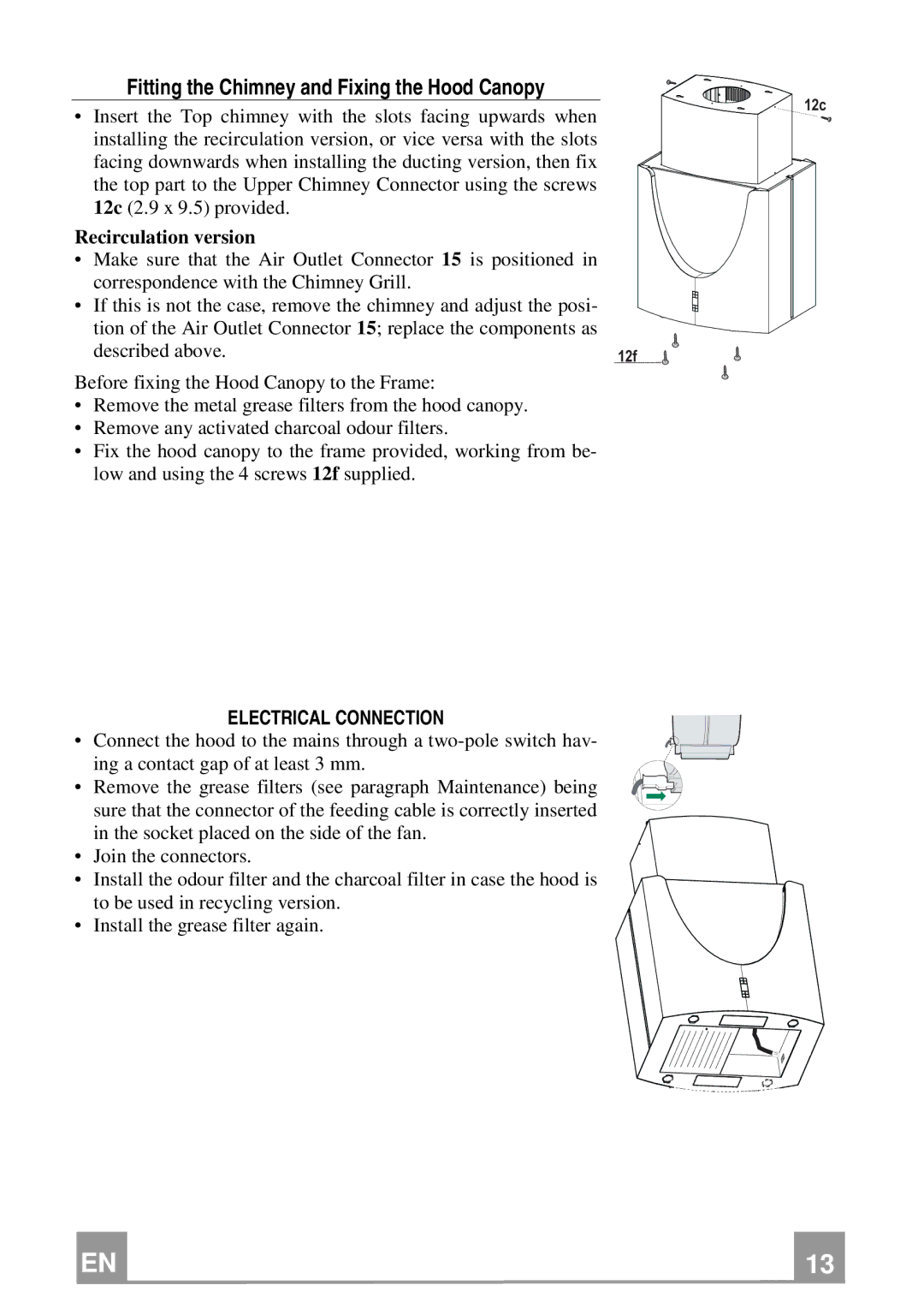 Franke Consumer Products FDMO 607 I manual Fitting the Chimney and Fixing the Hood Canopy, Recirculation version 