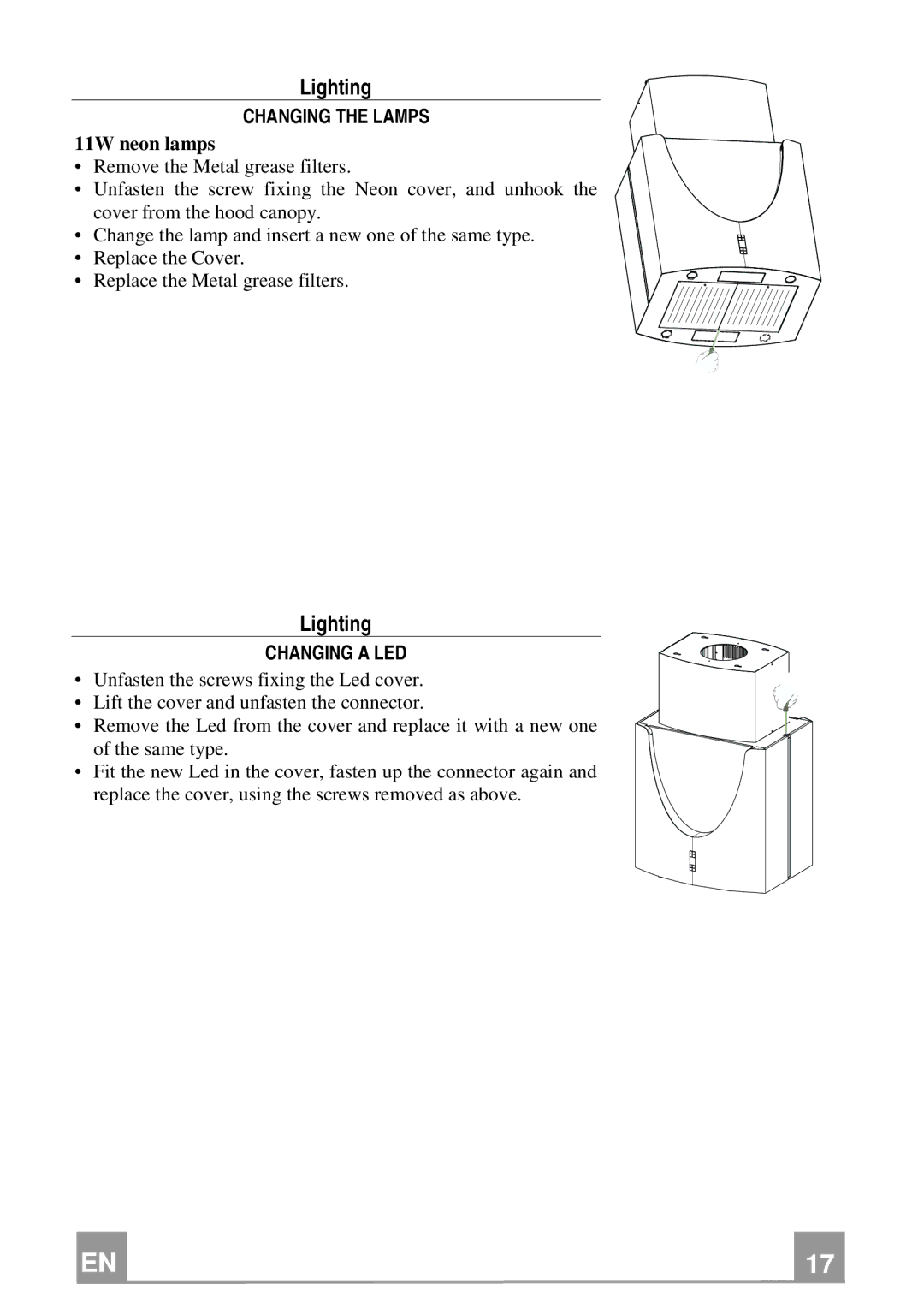 Franke Consumer Products FDMO 607 I manual Lighting, Changing the Lamps, 11W neon lamps, Changing a LED 