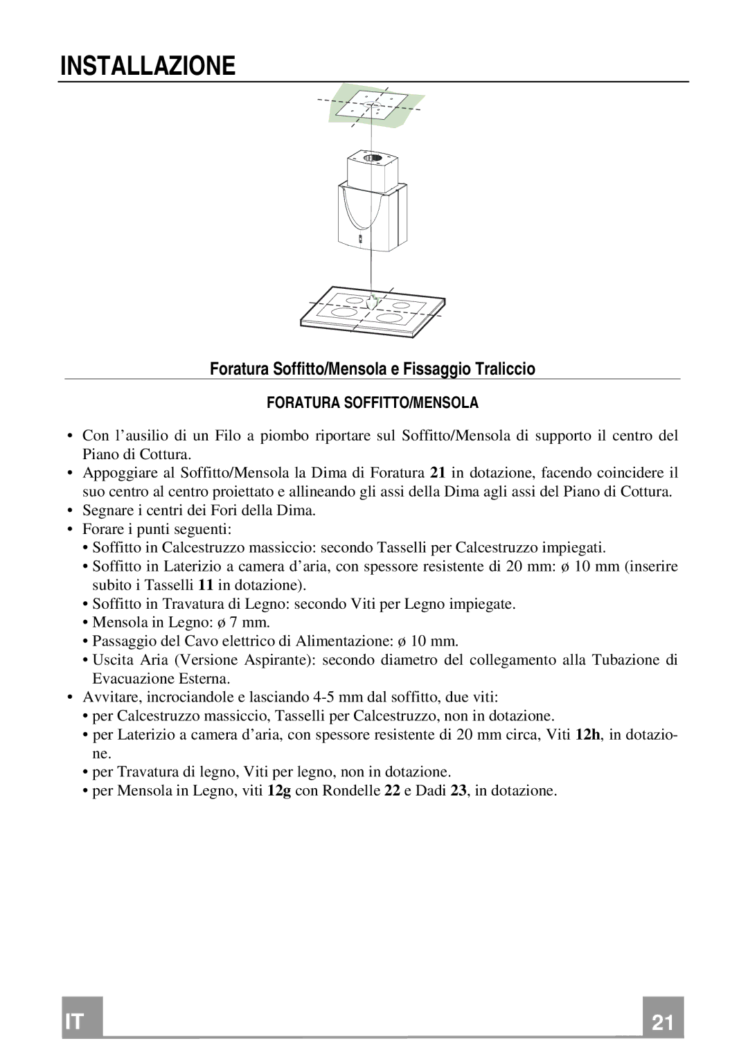 Franke Consumer Products FDMO 607 I manual Installazione, Foratura Soffitto/Mensola e Fissaggio Traliccio 