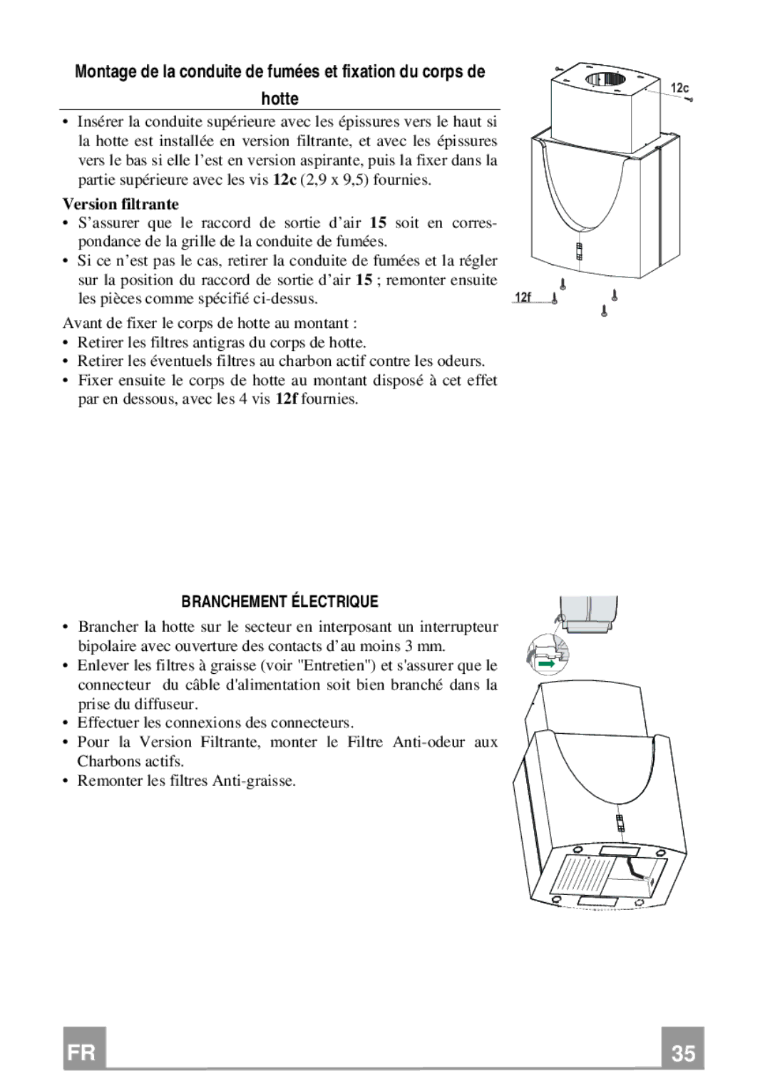 Franke Consumer Products FDMO 607 I manual Version filtrante, Branchement Électrique 