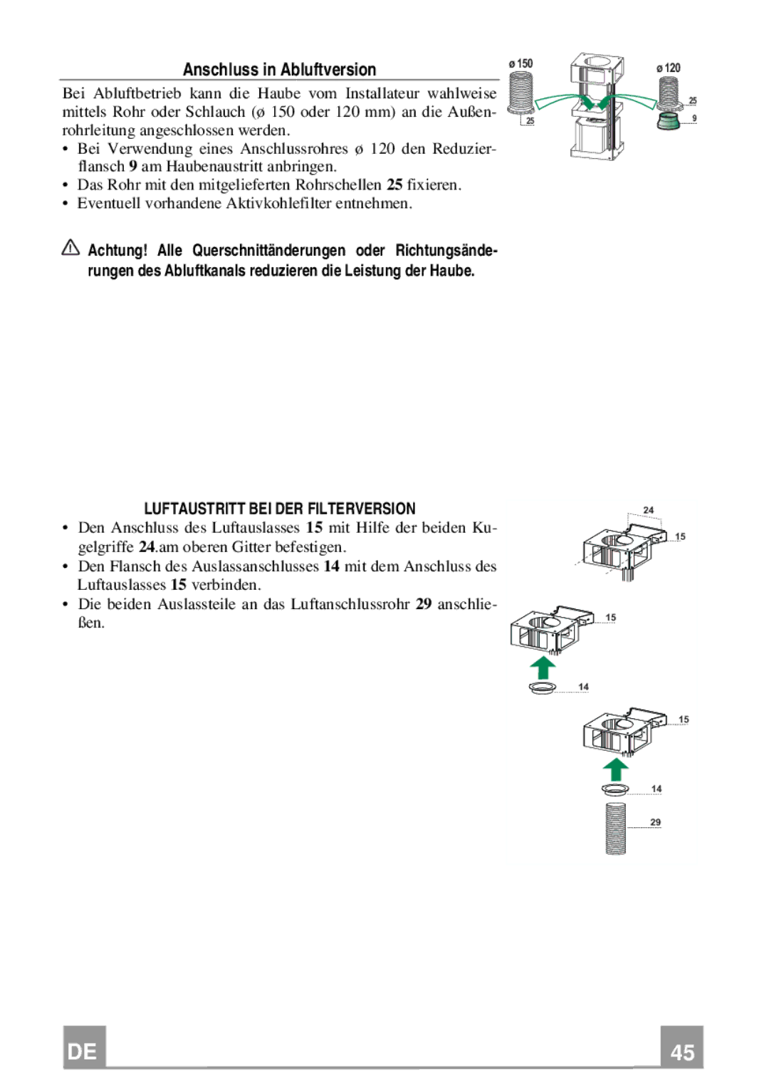 Franke Consumer Products FDMO 607 I manual Anschluss in Abluftversion, Luftaustritt BEI DER Filterversion 