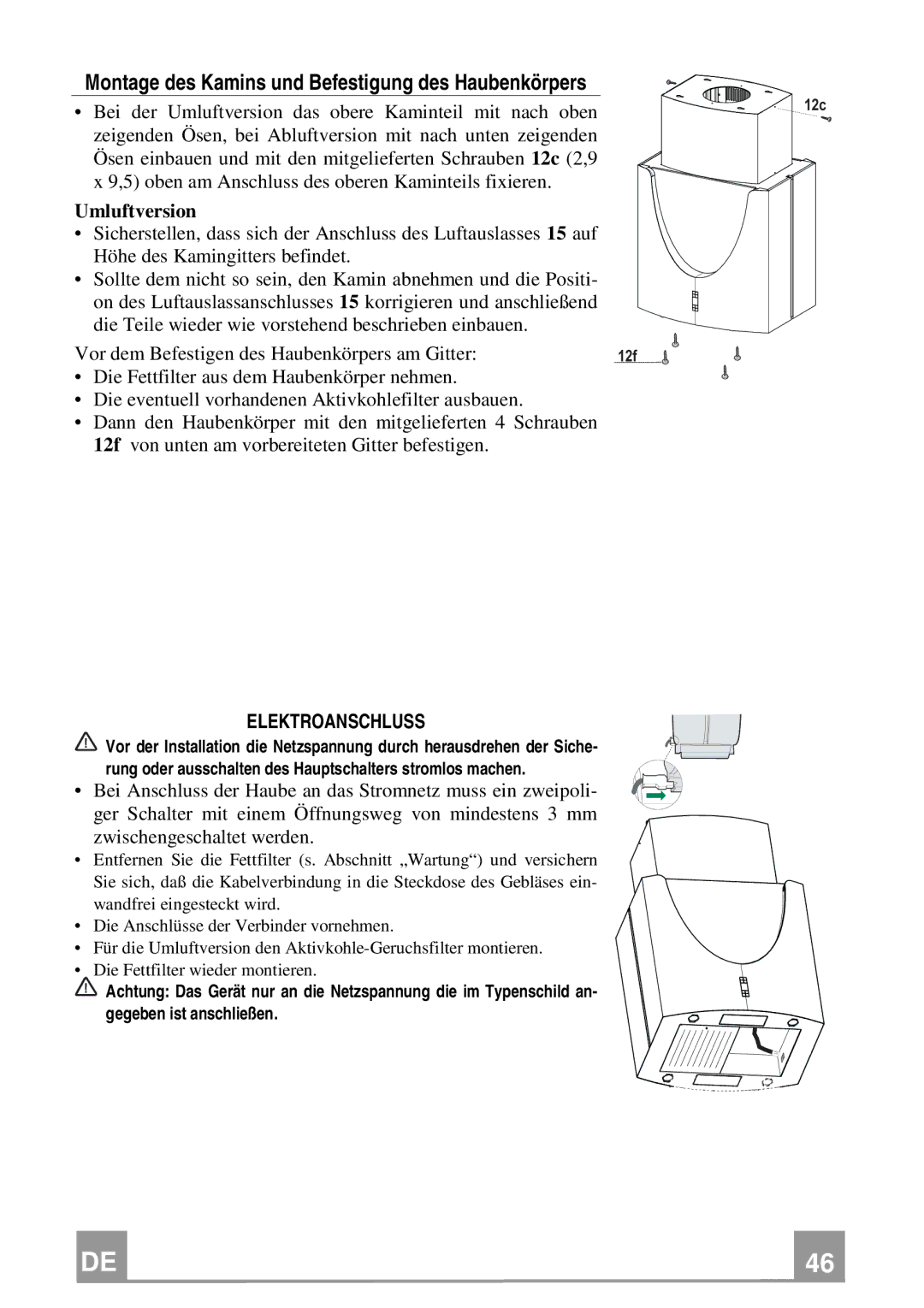 Franke Consumer Products FDMO 607 I Montage des Kamins und Befestigung des Haubenkörpers, Umluftversion, Elektroanschluss 