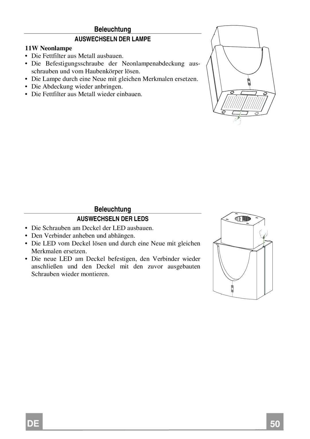 Franke Consumer Products FDMO 607 I manual Auswechseln DER Lampe, 11W Neonlampe, Auswechseln DER Leds 