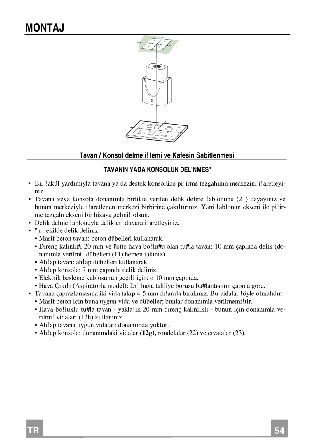 Franke Consumer Products FDMO 607 I manual Montaj, Tavan / Konsol delme işlemi ve Kafesin Sabitlenmesi 