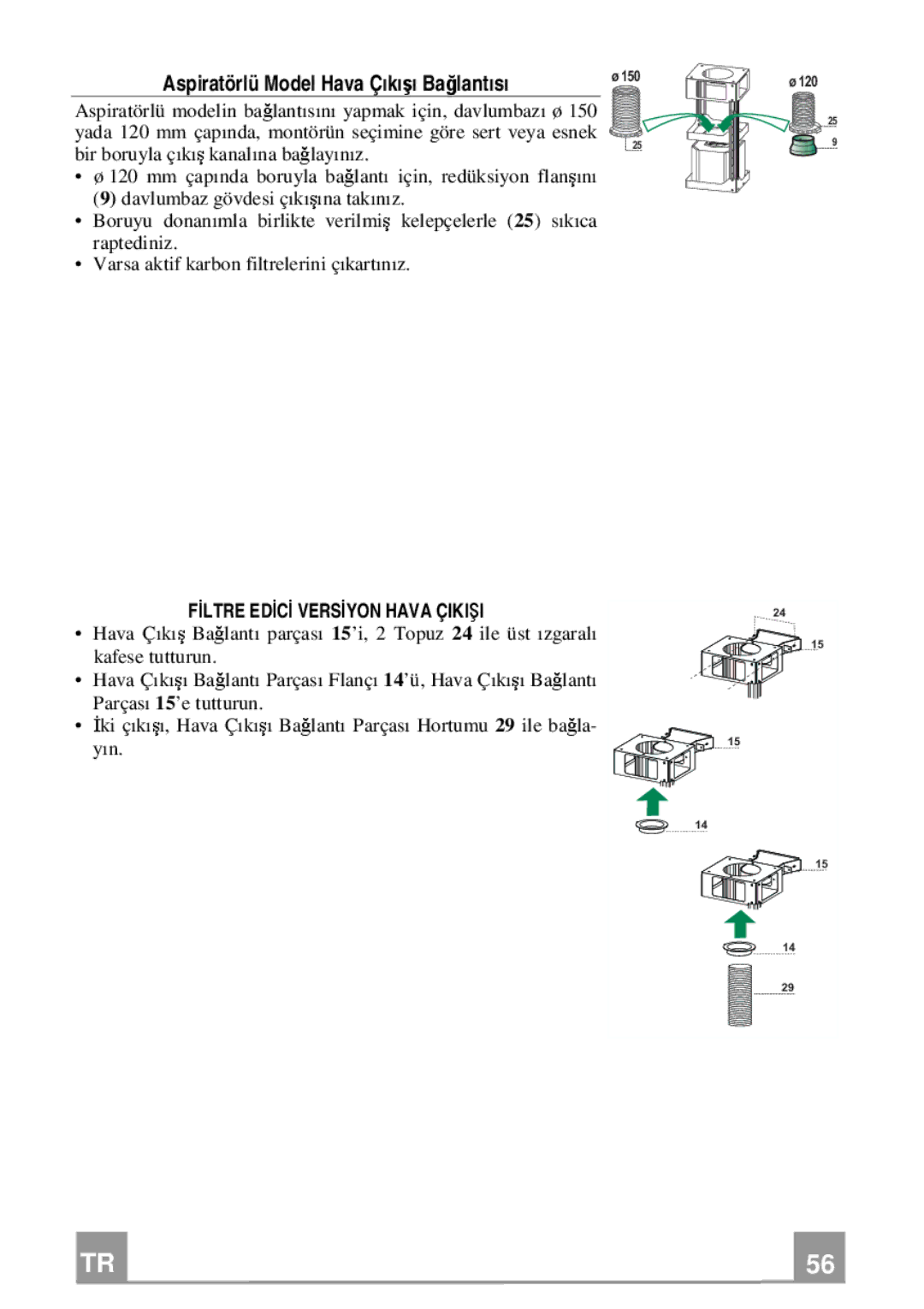 Franke Consumer Products FDMO 607 I manual Aspiratörlü Model Hava Çıkışı Bağlantısı, Fİltre Edİcİ Versİyon Hava Çikişi 