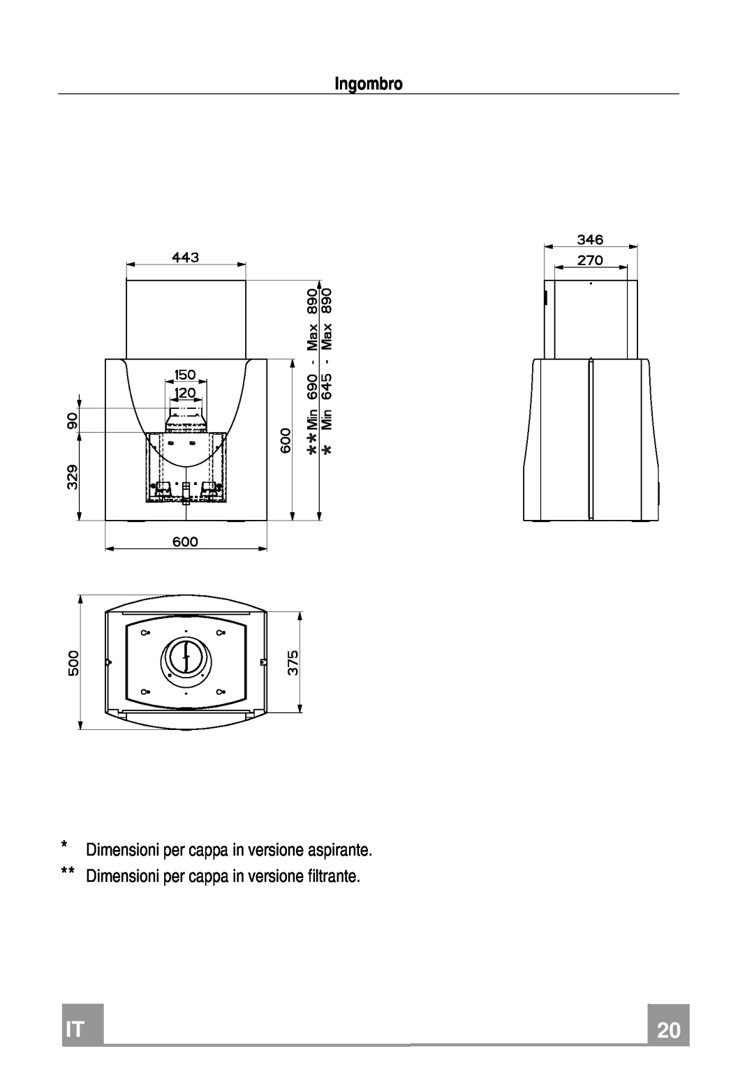 Franke Consumer Products FDMO 607 I manual Ingombro, Dimensioni per cappa in versione aspirante 