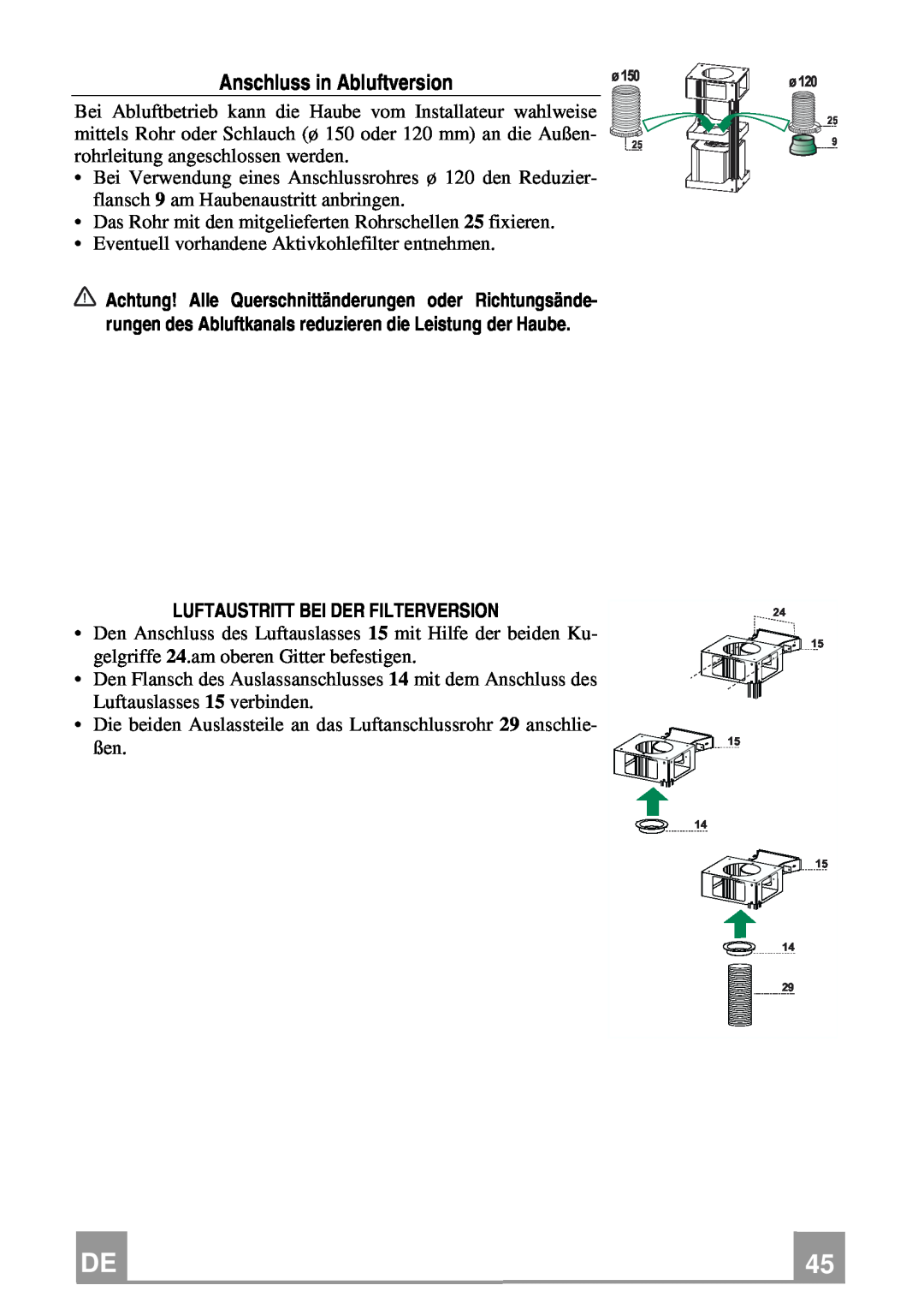 Franke Consumer Products FDMO 607 I manual Anschluss in Abluftversion, Luftaustritt Bei Der Filterversion 