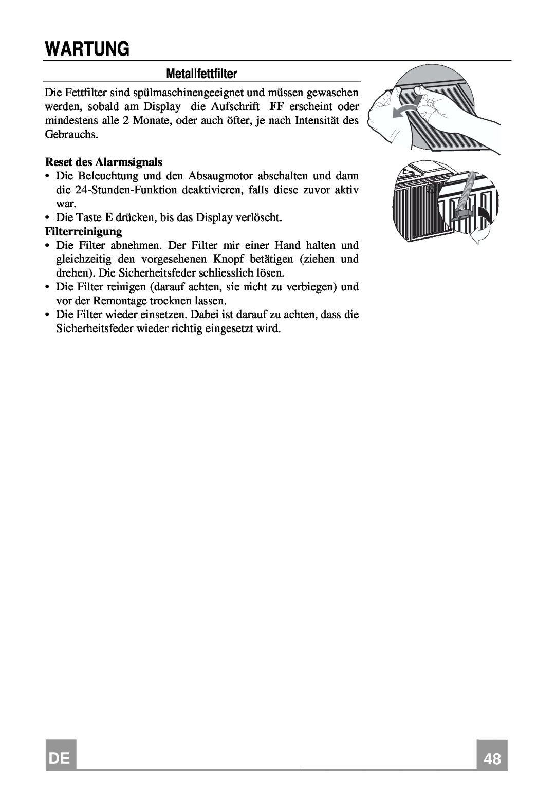 Franke Consumer Products FDMO 607 I manual Wartung, Metallfettfilter, Reset des Alarmsignals, Filterreinigung 