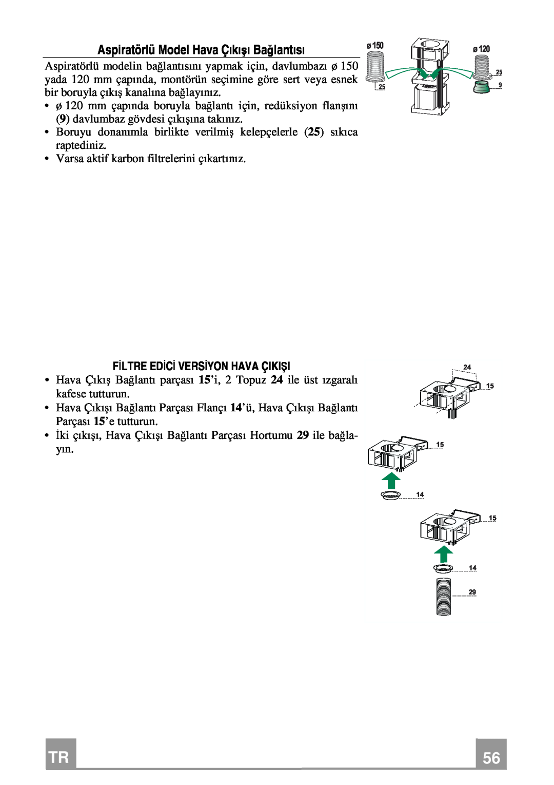 Franke Consumer Products FDMO 607 I manual Aspiratörlü Model Hava Çıkışı Bağlantısı, Filtre Edici Versiyon Hava Çikişi 