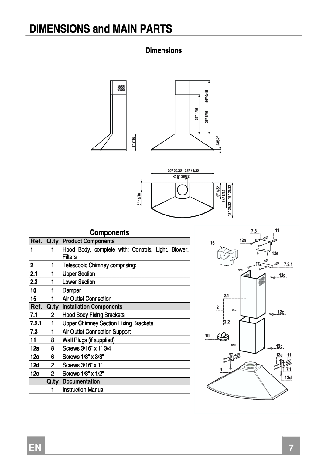 Franke Consumer Products FDS 307 W, FDS 367 W installation instructions DIMENSIONS and MAIN PARTS, Dimensions, Components 
