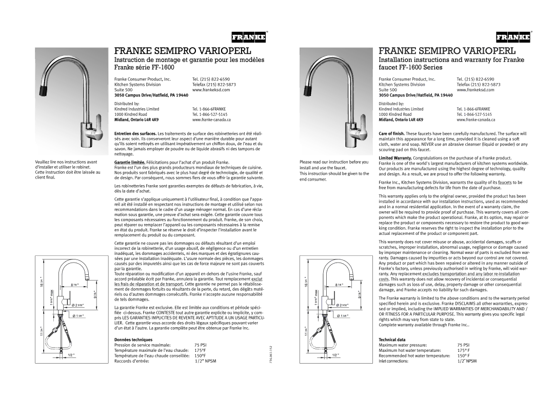 Franke Consumer Products FF-1600 installation instructions Franke Semipro Varioperl, Midland, Ontario L4R 4K9 