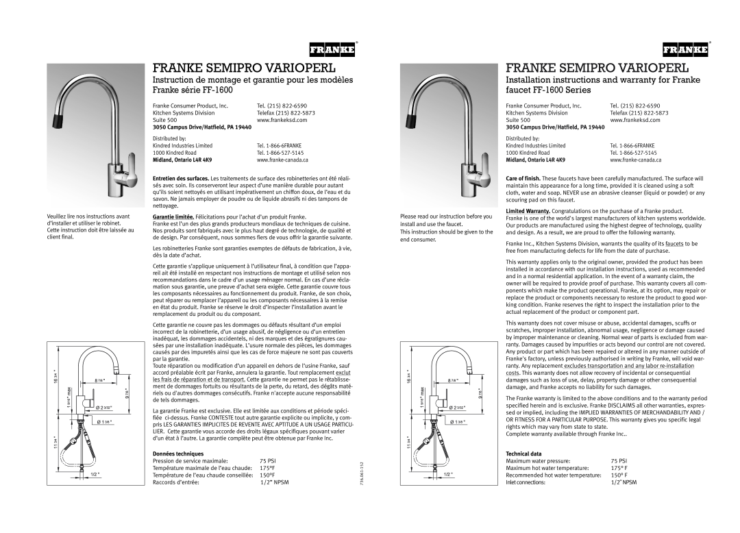 Franke Consumer Products FF-1600 installation instructions Franke Semipro Varioperl, 1/2˝ NPSM 