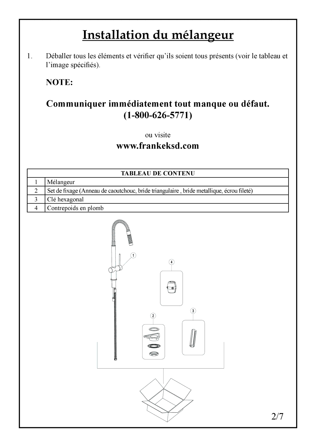 Franke Consumer Products FF 1800 manual Installation du mélangeur, Tableau DE Contenu 