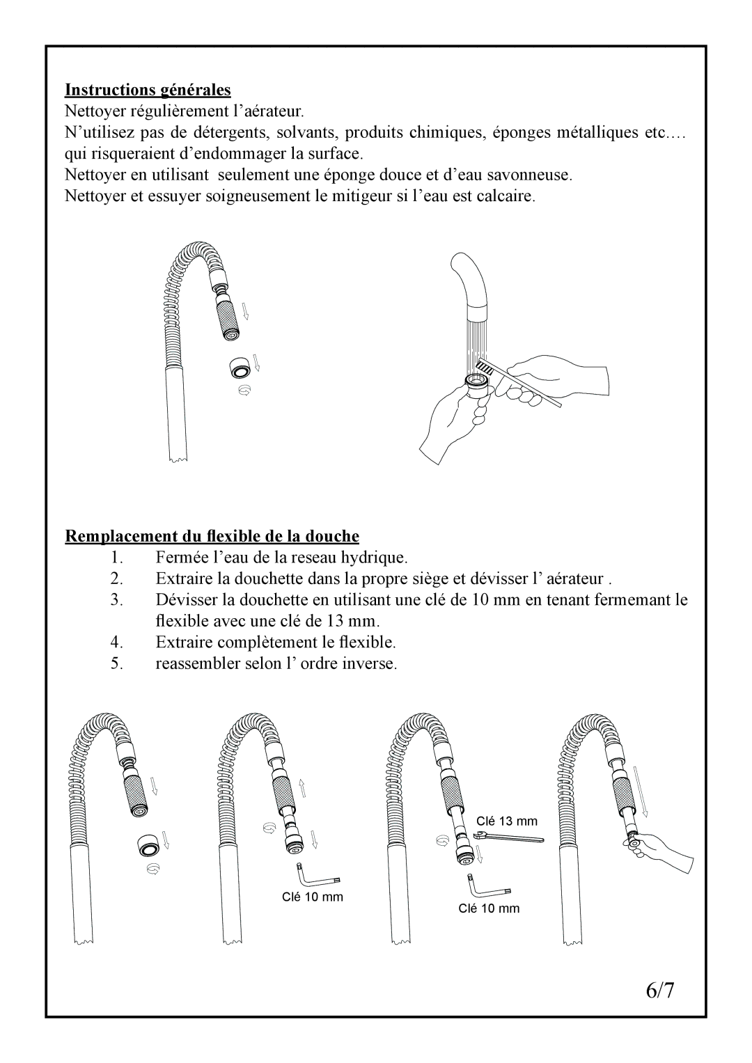 Franke Consumer Products FF 1800 manual Instructions générales, Remplacement du ﬂexible de la douche 