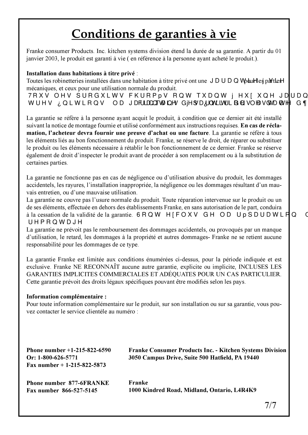 Franke Consumer Products FF 1800 manual Conditions de garanties à vie, Installation dans habitations à titre privé 