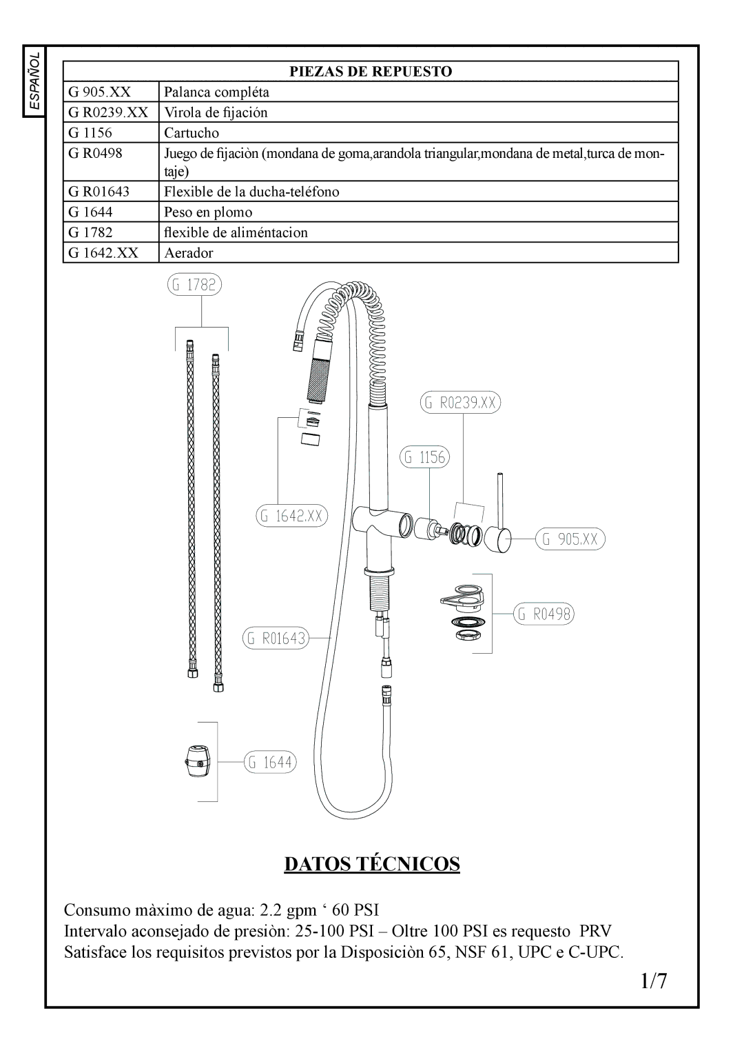 Franke Consumer Products FF 1800 manual Datos Técnicos, Piezas DE Repuesto 