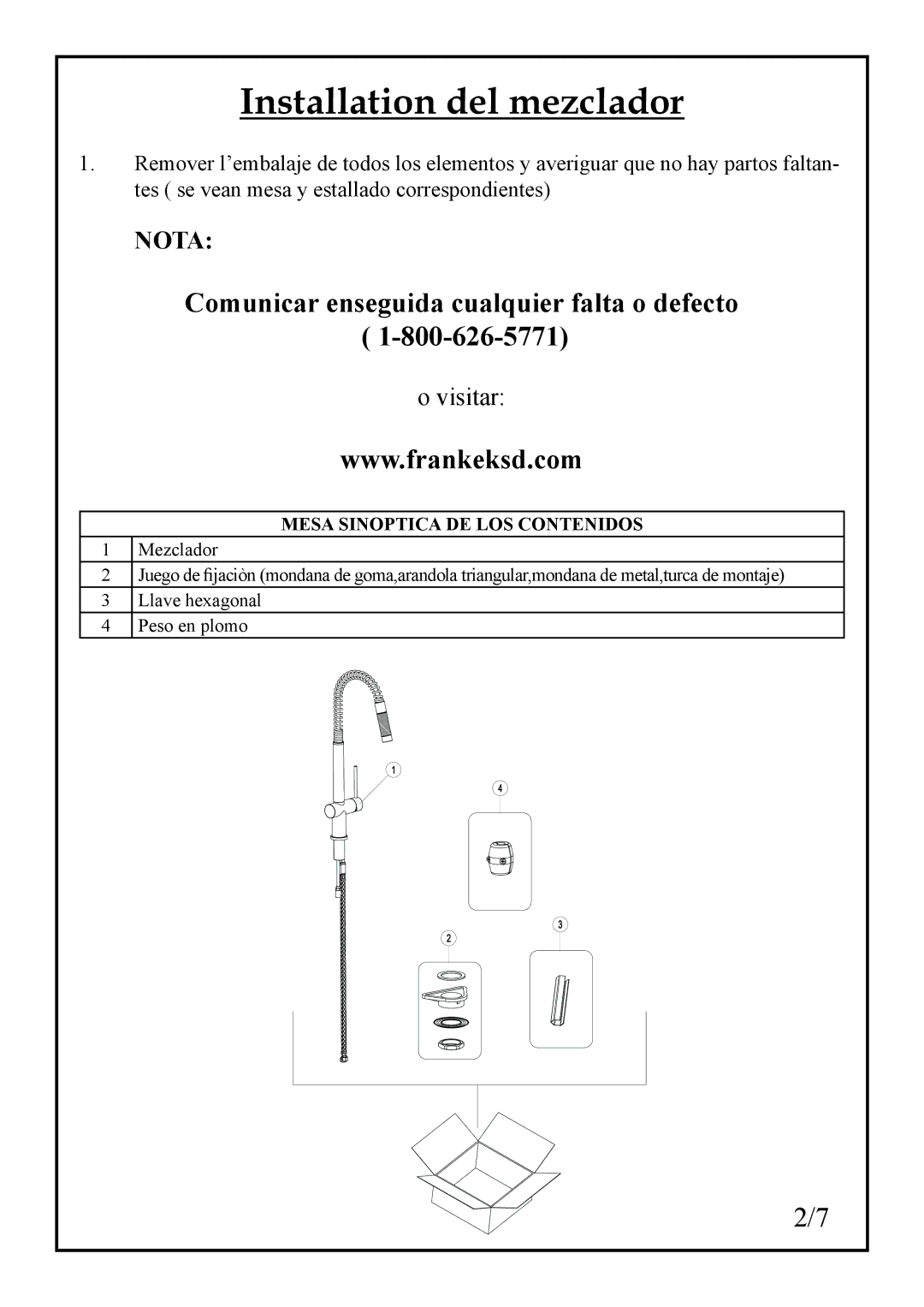 Franke Consumer Products FF 1800 manual Installation del mezclador, Mesa Sinoptica DE LOS Contenidos 