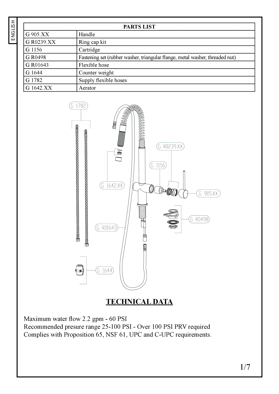 Franke Consumer Products FF 1800 manual Technical Data, Parts List 