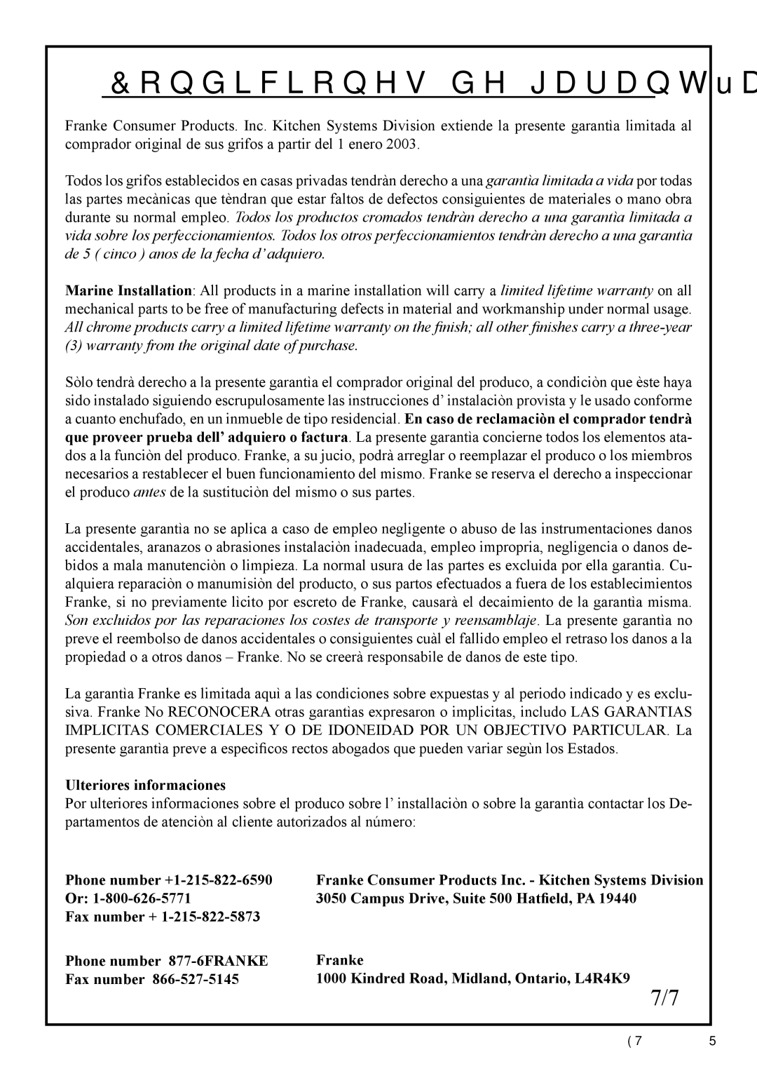 Franke Consumer Products FF 1800 manual Condiciones de garantìa limitada a vida, Ulteriores informaciones 