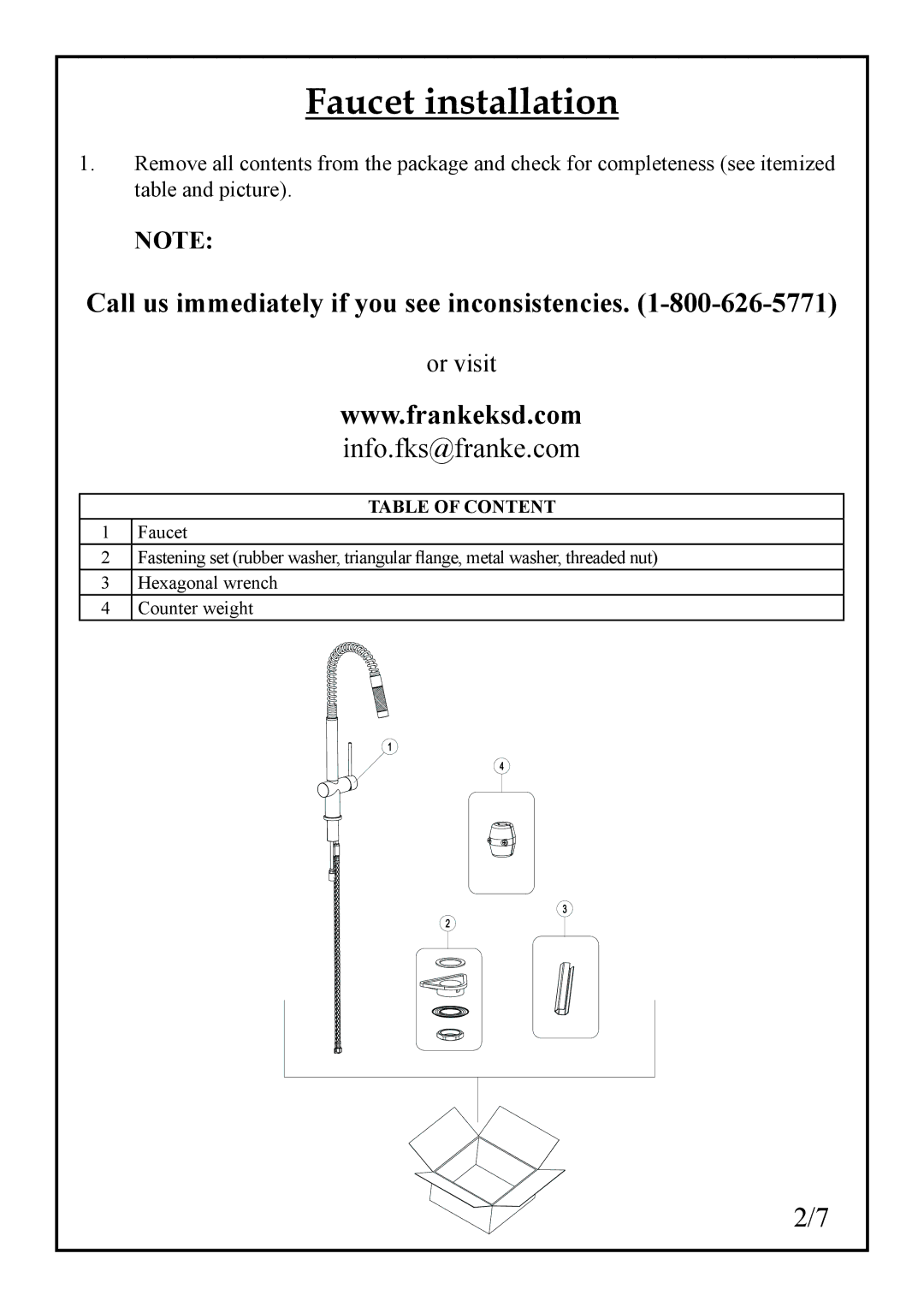 Franke Consumer Products FF 1800 manual Faucet installation, Table of Content 