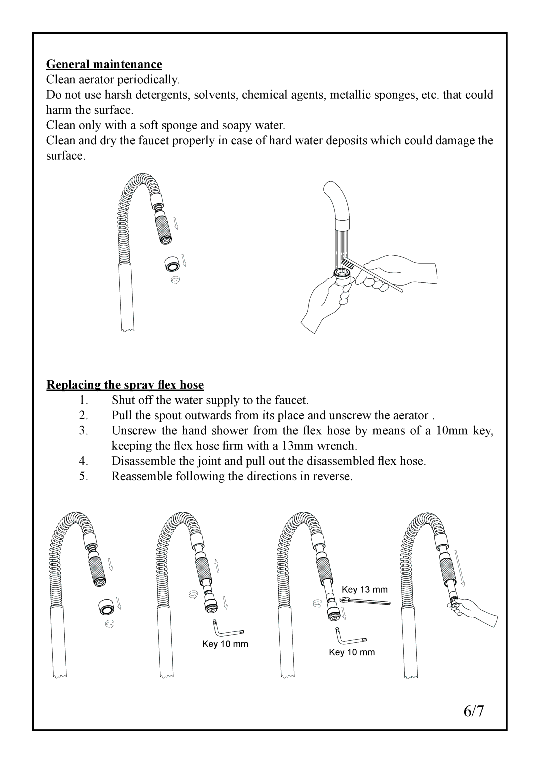 Franke Consumer Products FF 1800 manual General maintenance Clean aerator periodically, Replacing the spray ﬂex hose 