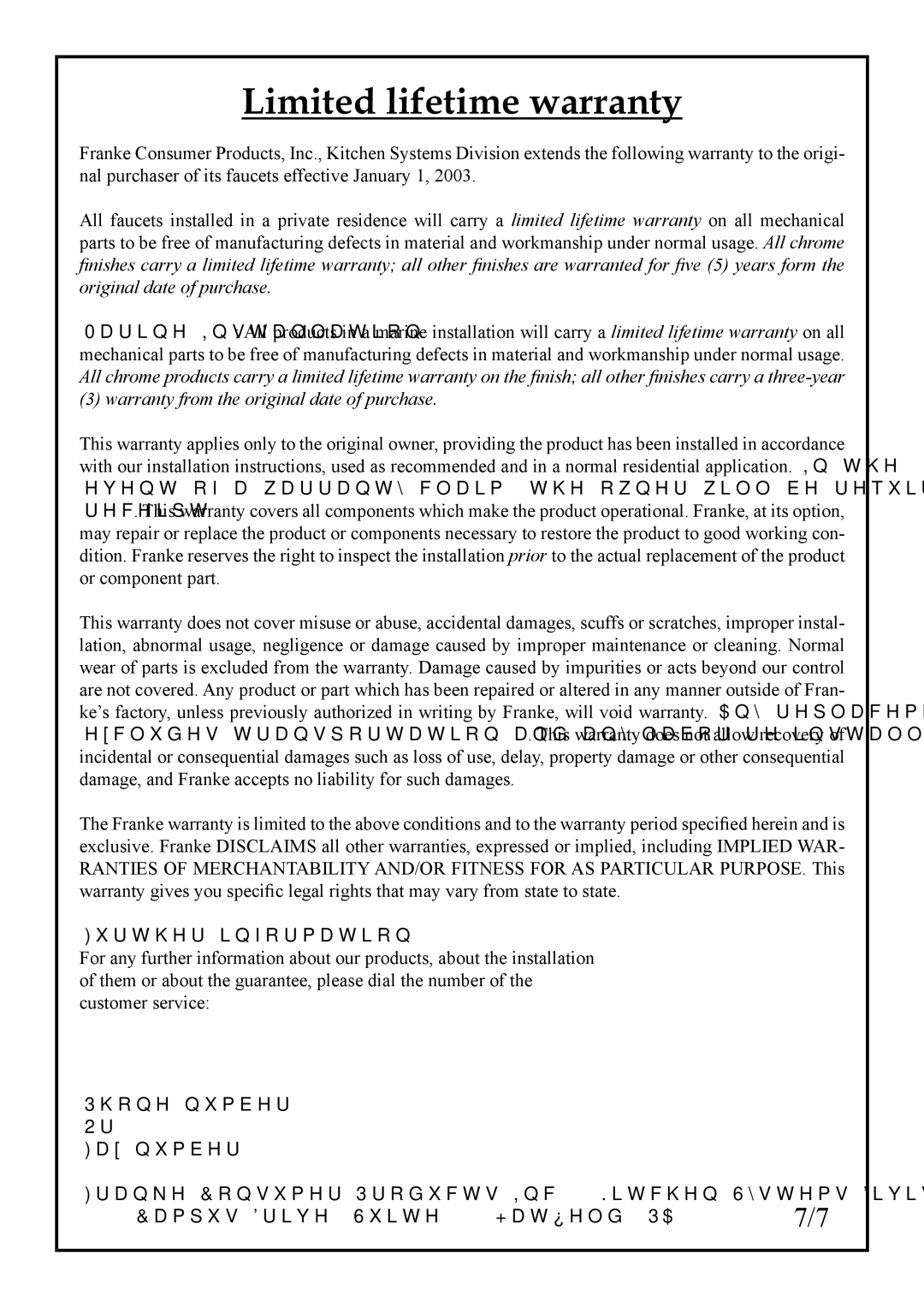 Franke Consumer Products FF 1800 manual Limited lifetime warranty, Warranty from the original date of purchase 