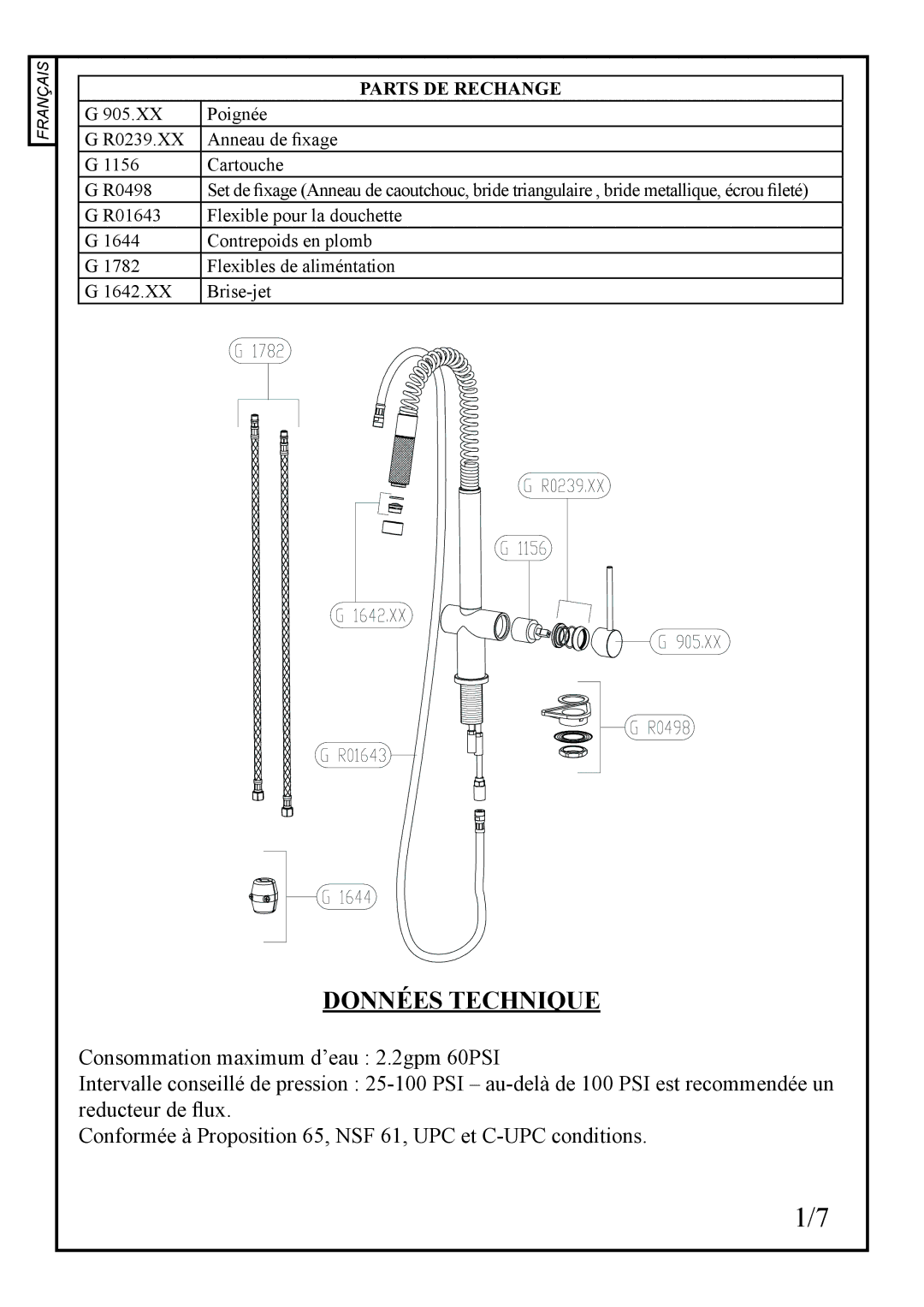 Franke Consumer Products FF 1800 manual Données Technique, Parts DE Rechange 