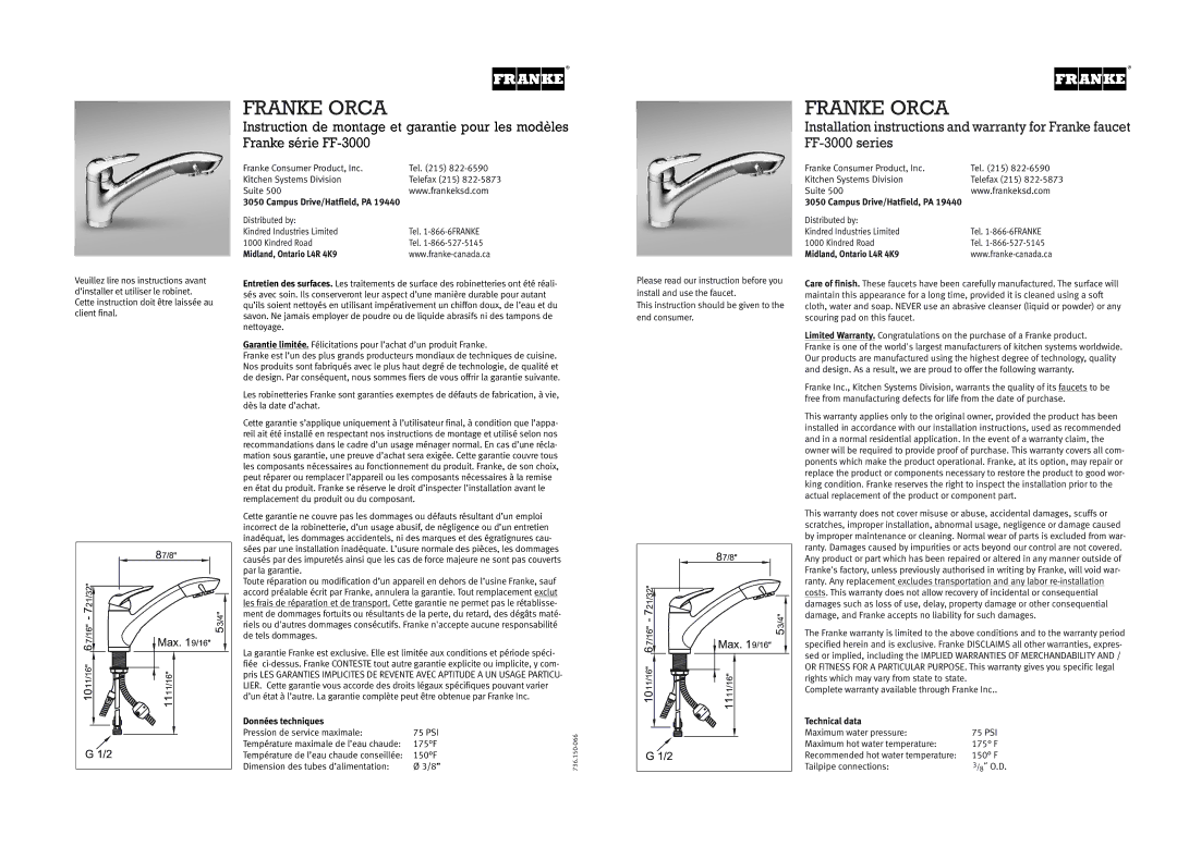 Franke Consumer Products FF-3000 installation instructions Franke Orca, Midland, Ontario L4R 4K9, Données techniques 