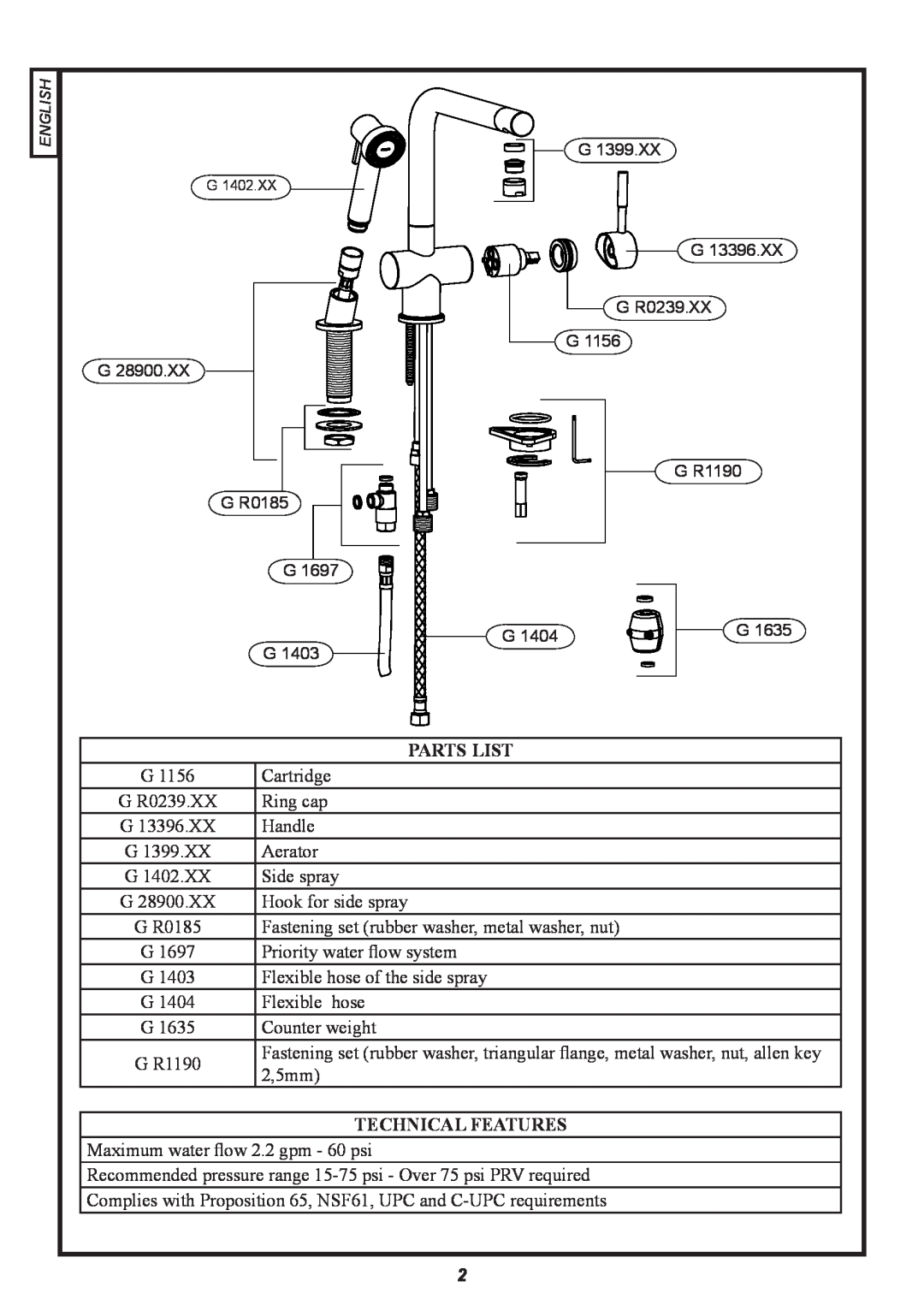 Franke Consumer Products FF 5000 manual Parts List, Technical Features, G G R0185 G G, G G G R0239.XX G G R1190 