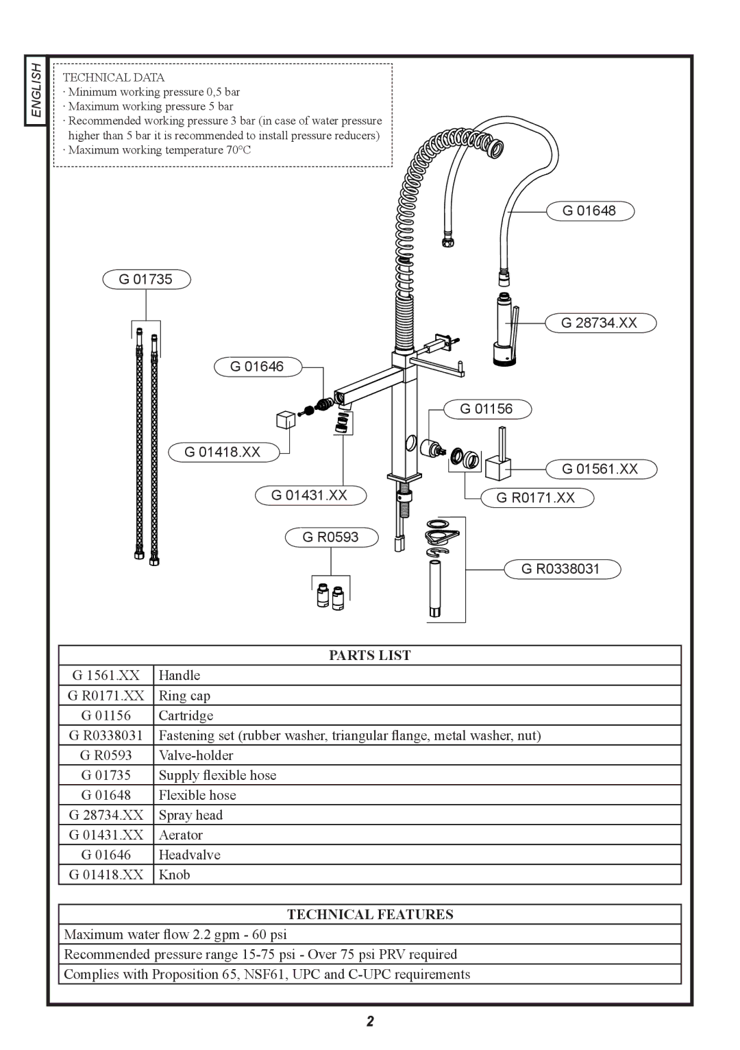 Franke Consumer Products FFP 1000 manual Parts List, Technical Features 