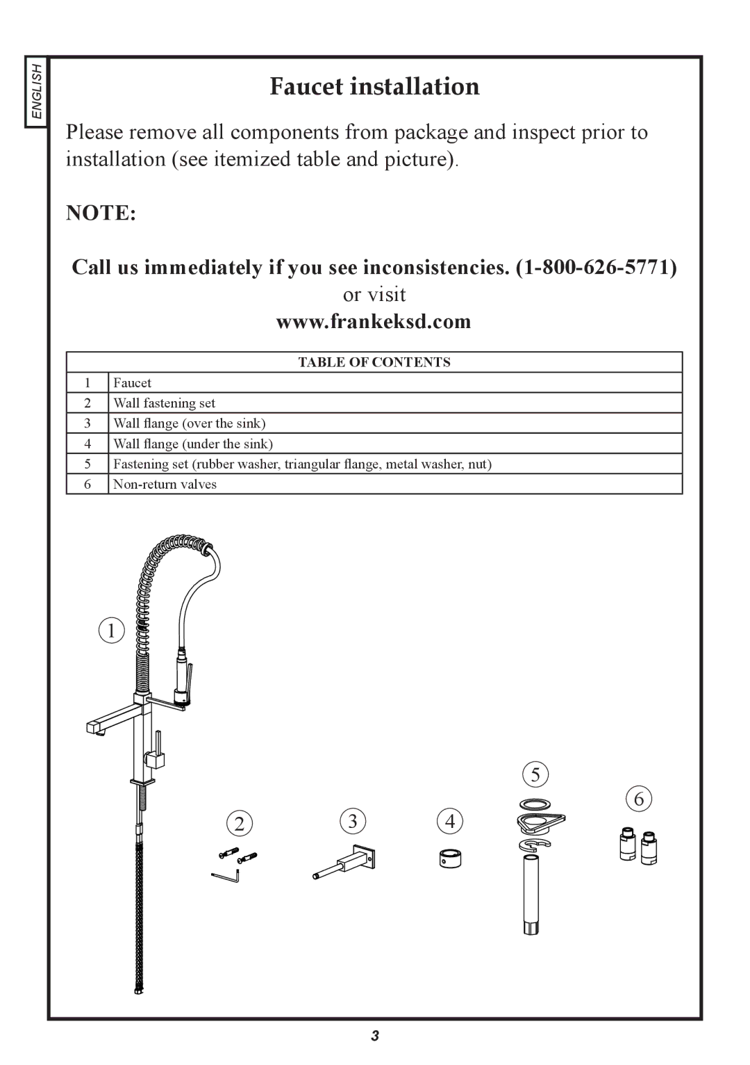 Franke Consumer Products FFP 1000 manual Faucet installation, Table of Contents 