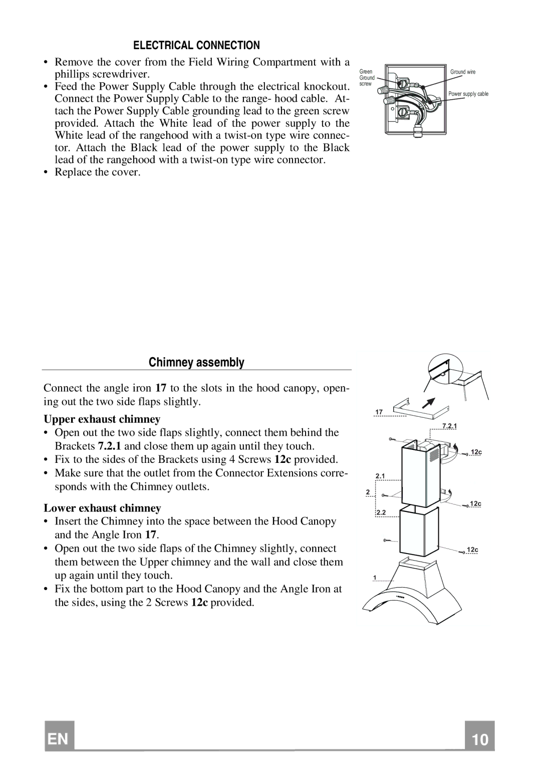 Franke Consumer Products FGA 364 W installation instructions Chimney assembly, Electrical Connection 